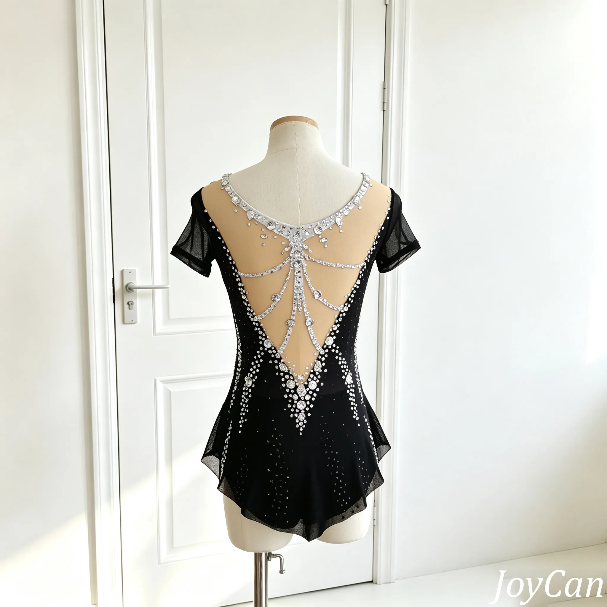 JoyCan Rhythmic Gymnastics Leotards BD3411 | Elegant Black White Crystal Competition Gymnastics Costume with Short Sleeves for Girls and Women