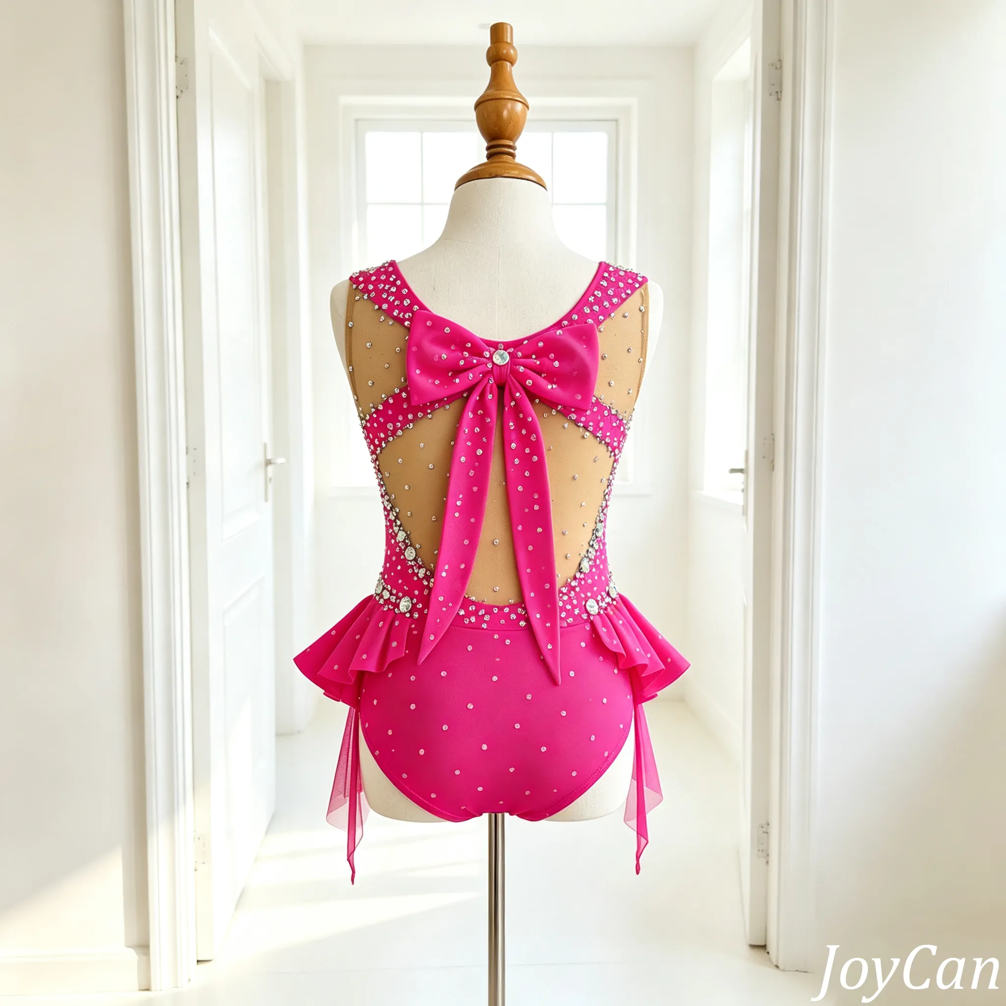 JoyCan Rhythmic Gymnastics Leotards BD7238 | Vibrant Hot Pink Crystal Competition Gymnastics Costume with Ruffles for Girls