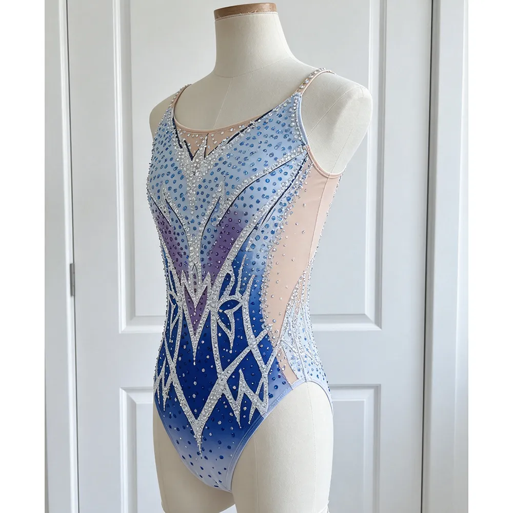 JoyCan Synchronized Swimming Suit BD7065 | Cool Blue‑Purple Gradient Crystal Spaghetti‑Strap Competition Synchro Swim Costume for Girls and Women