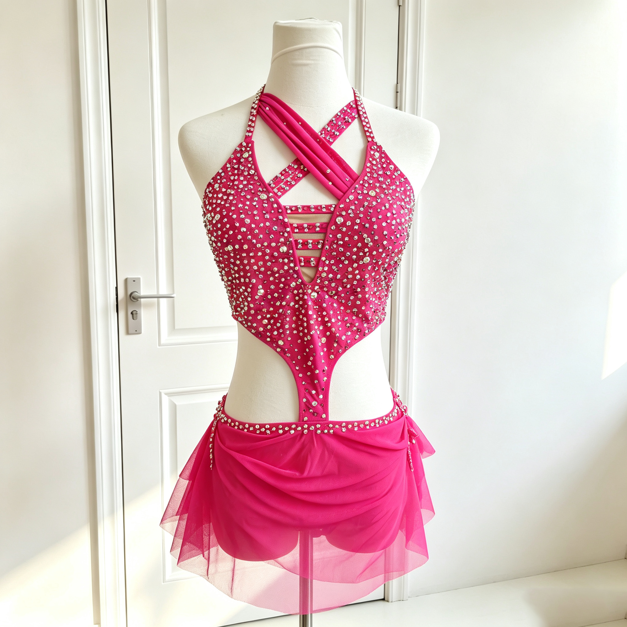 JoyCan Lyrical Dance Dresses BD3421 | Vibrant Hot Pink Crystal Competition Contemporary Costume