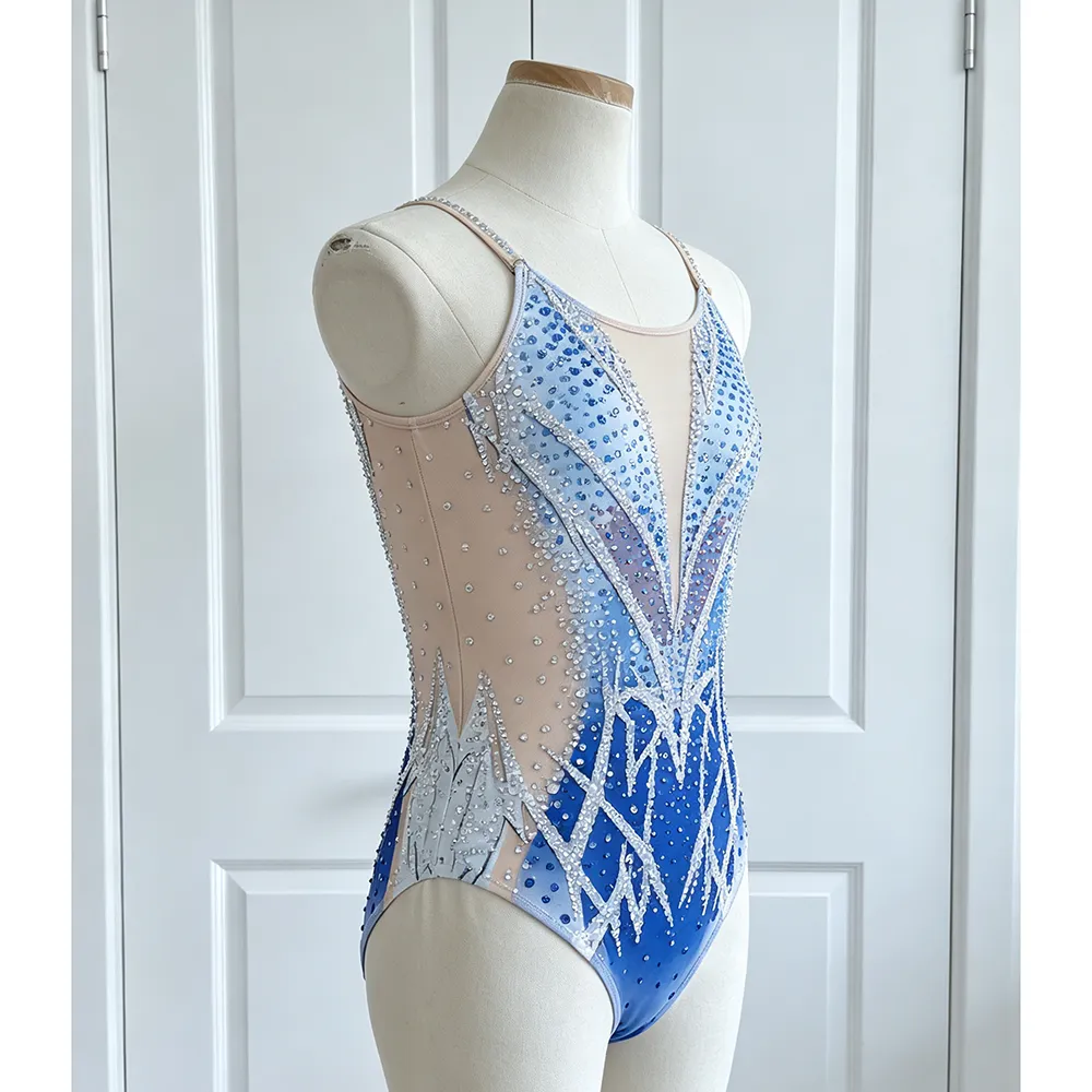 JoyCan Synchronized Swimming Suit BD7065 | Cool Blue‑Purple Gradient Crystal Spaghetti‑Strap Competition Synchro Swim Costume for Girls and Women