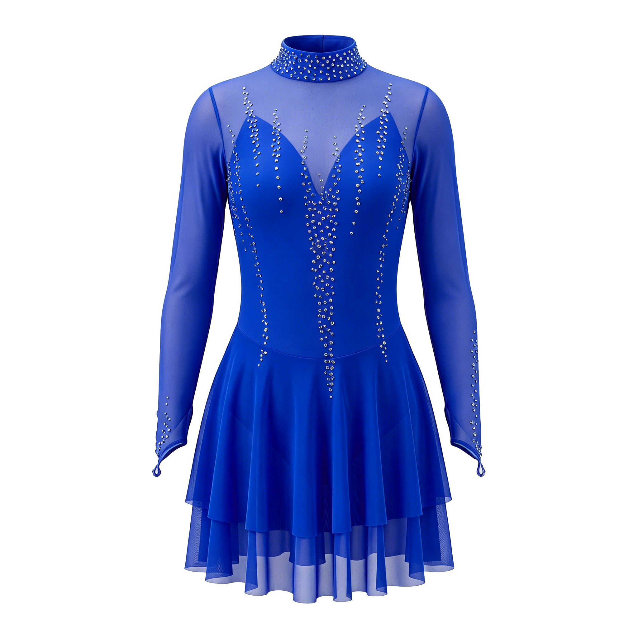 JoyCan Figure Skating Dress JC916 | Pink‑Magenta Gradient Long‑Sleeve Draped V‑Neck Rhinestone Competition Ice Skating Costume for Girls and Women