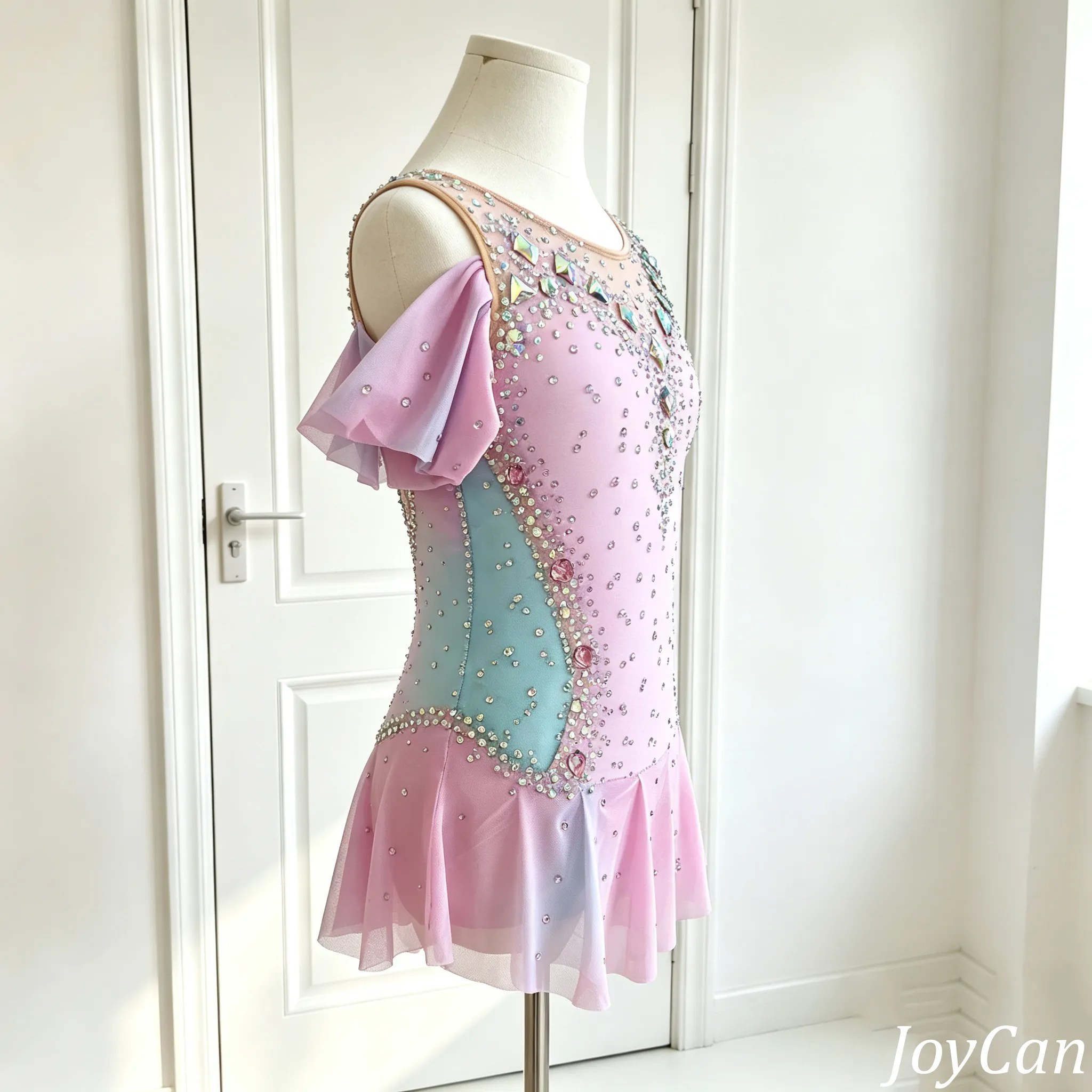 JoyCan Rhythmic Gymnastics Leotards BD8085 | Vibrant Pastel Pink Crystal Cold-Shoulder Competition Gymnastics Costume for Girls
