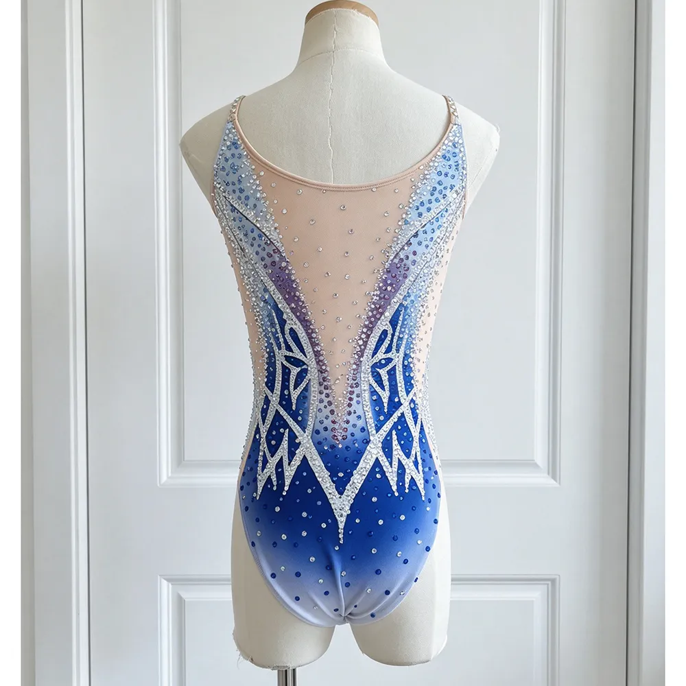 JoyCan Synchronized Swimming Suit BD7065 | Cool Blue‑Purple Gradient Crystal Spaghetti‑Strap Competition Synchro Swim Costume for Girls and Women