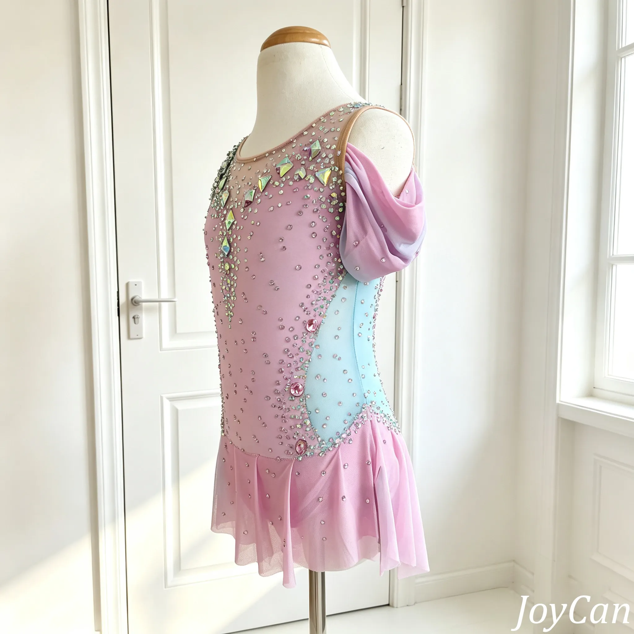JoyCan Rhythmic Gymnastics Leotards BD8085 | Vibrant Pastel Pink Crystal Cold-Shoulder Competition Gymnastics Costume for Girls