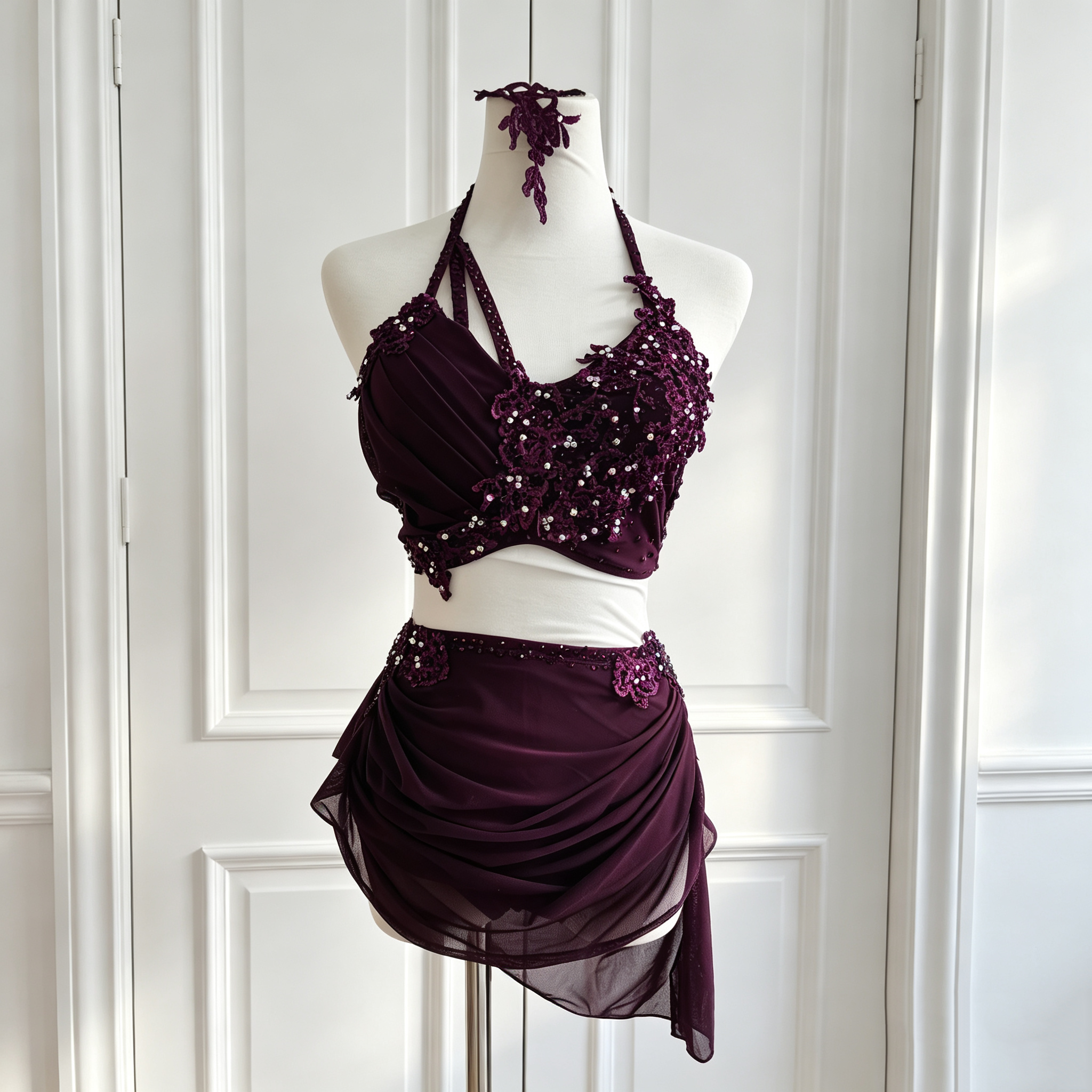 JoyCan Lyrical Dance Dresses BD3540 | Elegant Purple Two-Piece Floral Crystal  Dance Costume
