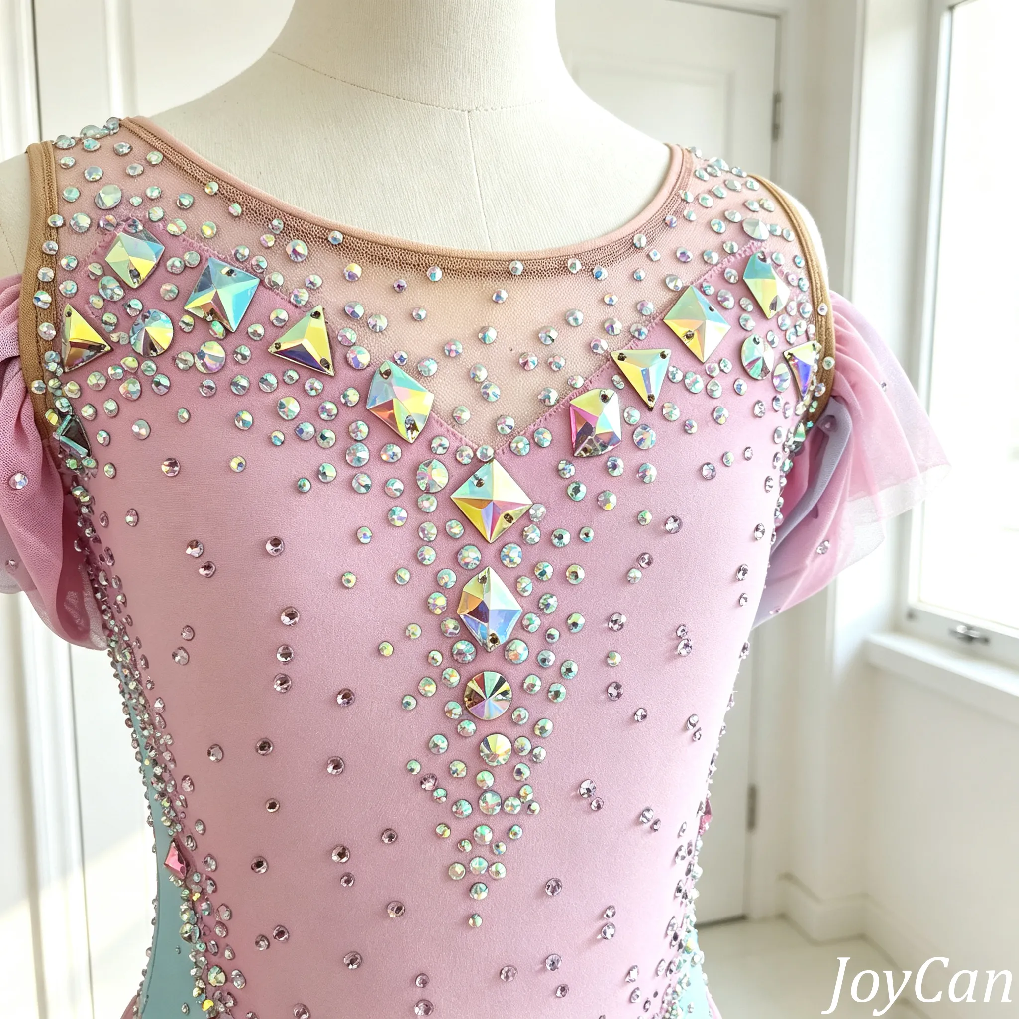 JoyCan Rhythmic Gymnastics Leotards BD8085 | Vibrant Pastel Pink Crystal Cold-Shoulder Competition Gymnastics Costume for Girls