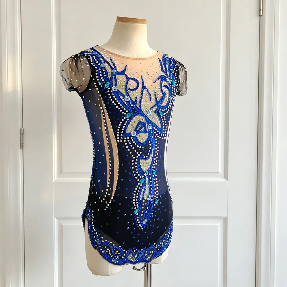 JoyCan Rhythmic Gymnastics Leotard BD635 | Luxurious Royal Blue Crystal Mesh Competition Gymnastics Costume for Girls and Women