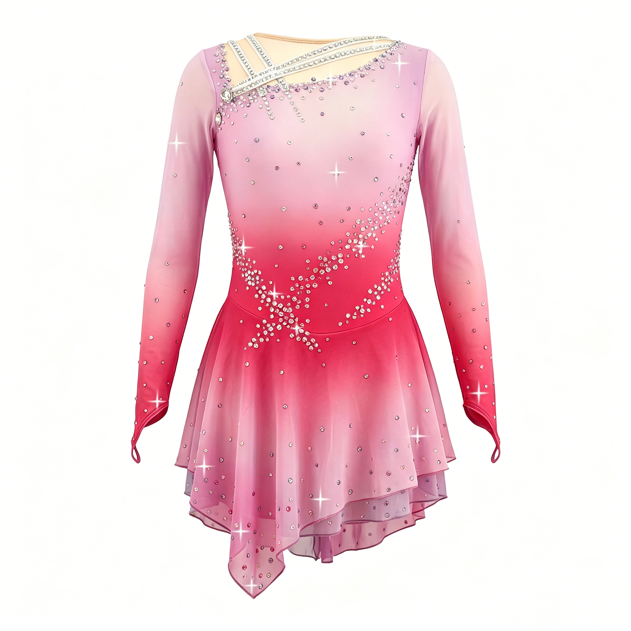 JoyCan Figure Skating Dress JSK164 | Cream‑to‑Sunset‑Orange Ombre Criss‑Cross Shoulder Rhinestone Long‑Sleeve Competition Ice Skating Costume for Girls and Women