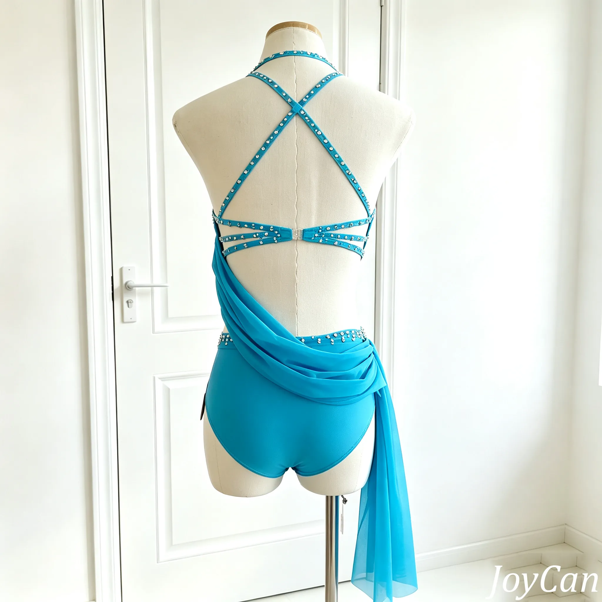 JoyCan Lyrical Dance Dresses BD1927 | Elegant Turquoise Blue Two-Piece Floral Crystal Contemporary Dance Costume for Girls and Women