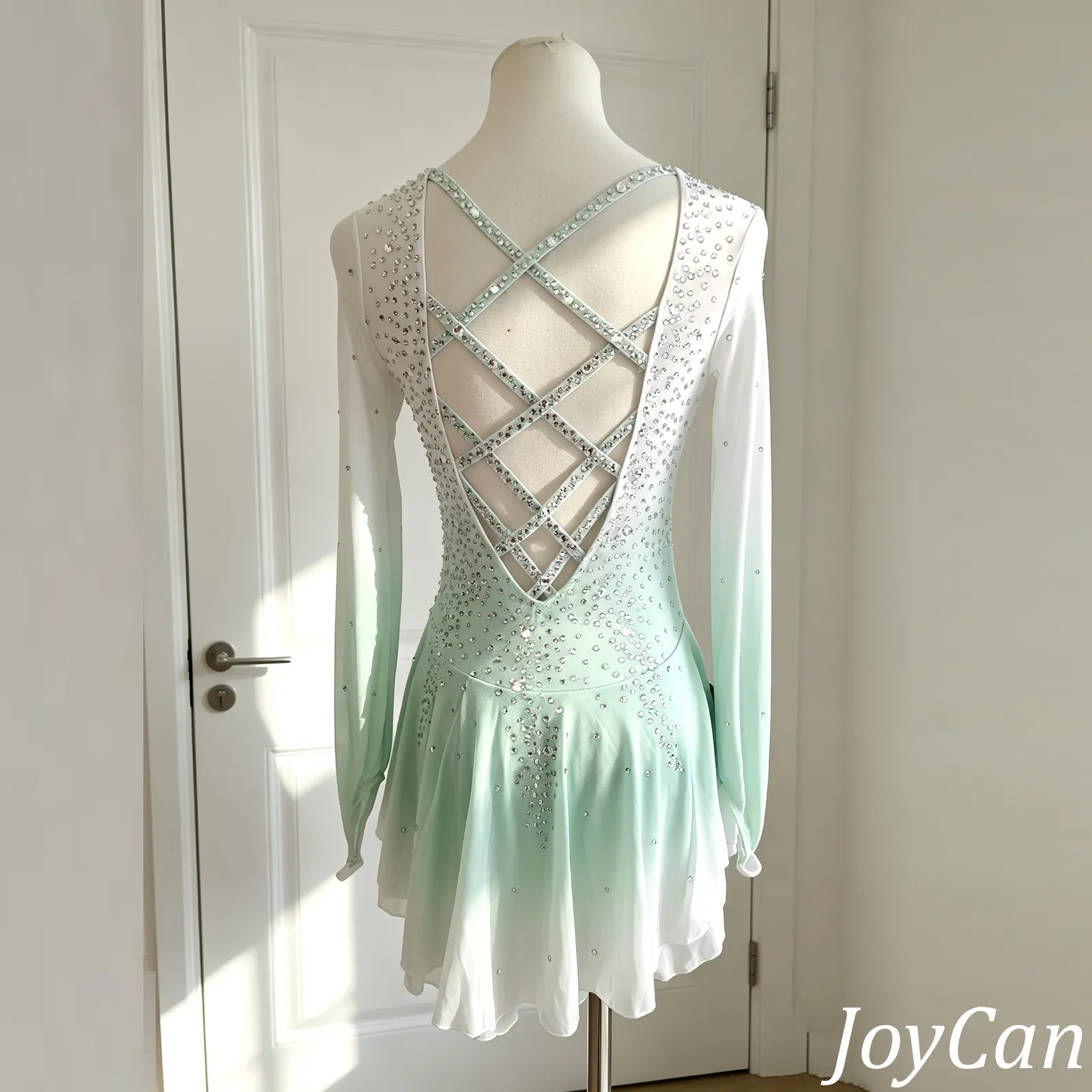 LIUHUO Figure Skating Dresses BD1634 | Elegant Mint Green Gradient Crystal Ice Skating Performance Costume for Girls and Women