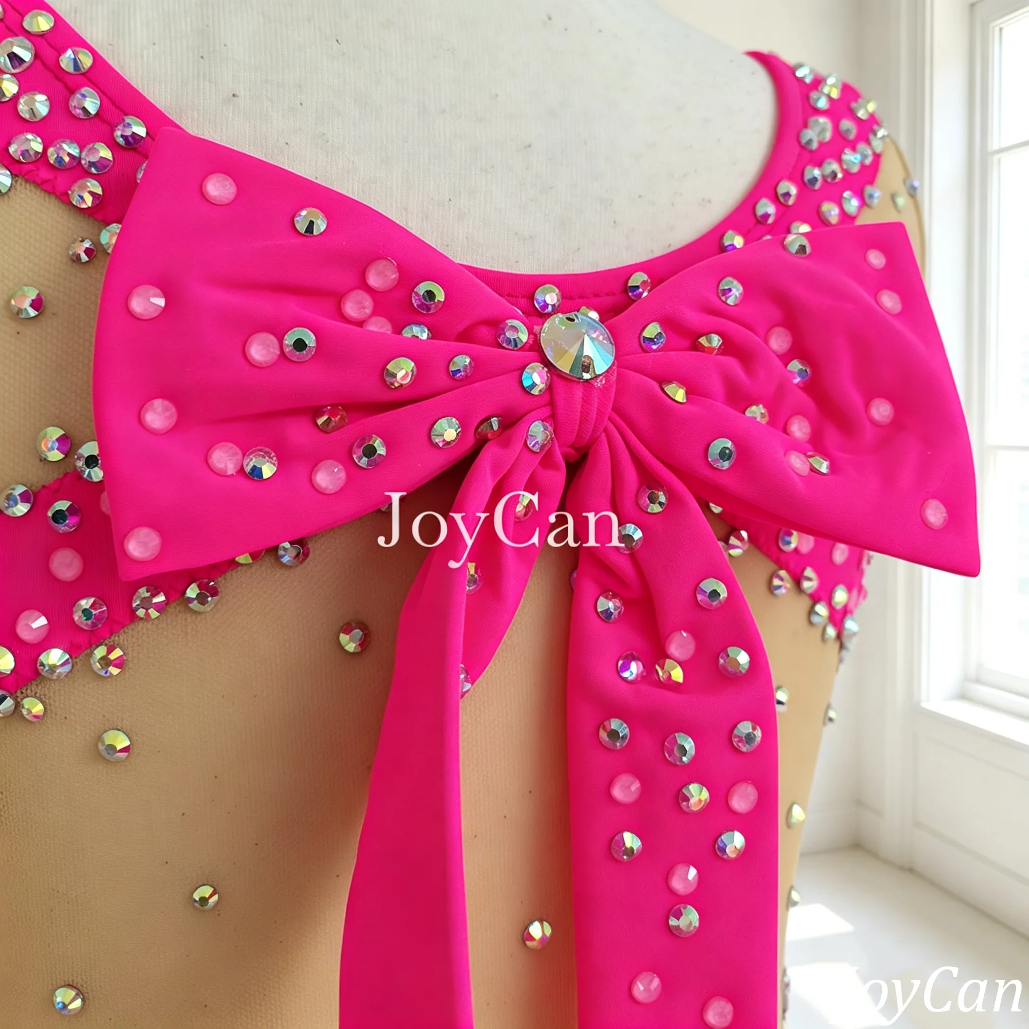 JoyCan Rhythmic Gymnastics Leotards BD7238 | Vibrant Hot Pink Crystal Competition Gymnastics Costume with Ruffles for Girls