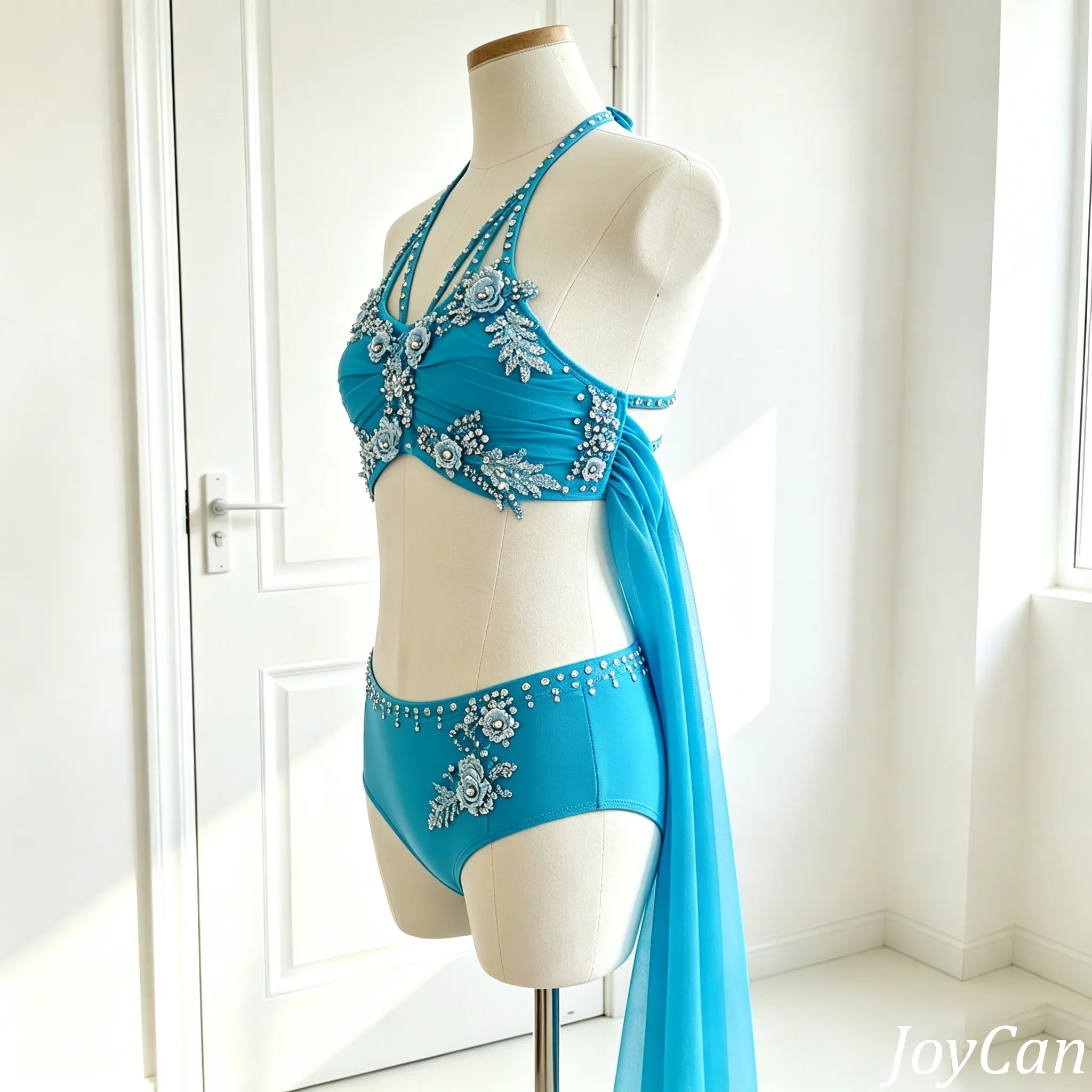 JoyCan Lyrical Dance Dresses BD1927 | Elegant Turquoise Blue Two-Piece Floral Crystal Contemporary Dance Costume for Girls and Women
