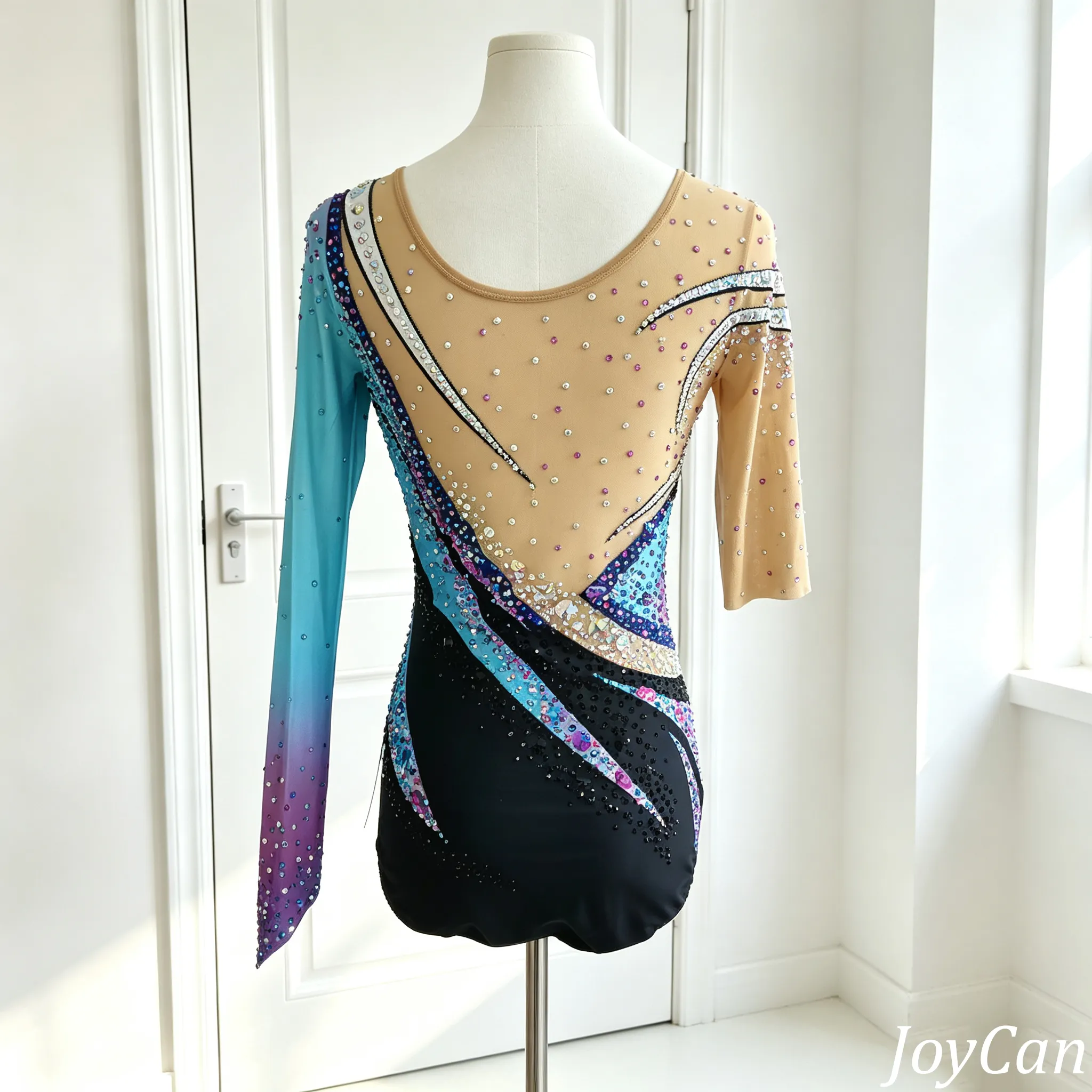 JoyCan Rhythmic Gymnastics Leotards BD7224 | Vibrant Asymmetric Multicolor Crystal Competition Gymnastics Costume for Girls