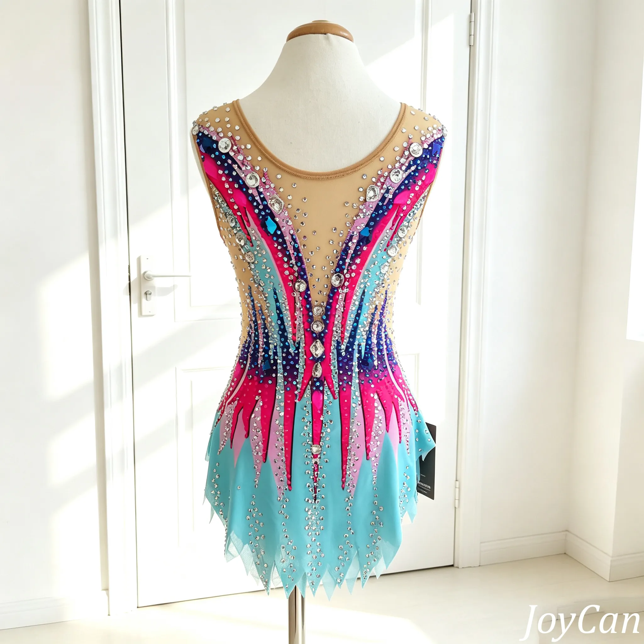 JoyCan Rhythmic Gymnastics Leotards BD1969 | Vibrant Multi Color Crystal Competition Gymnastics Costume for Girls and Women