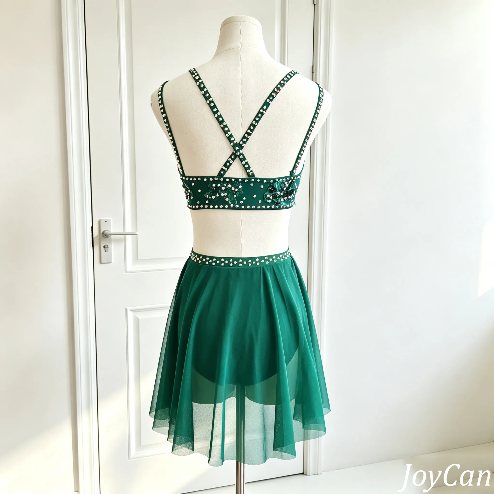 JoyCan Lyrical Dance Dresses BD3417 | Elegant Emerald Green Two-Piece Floral Crystal Contemporary Dance Costume for Girls and Women
