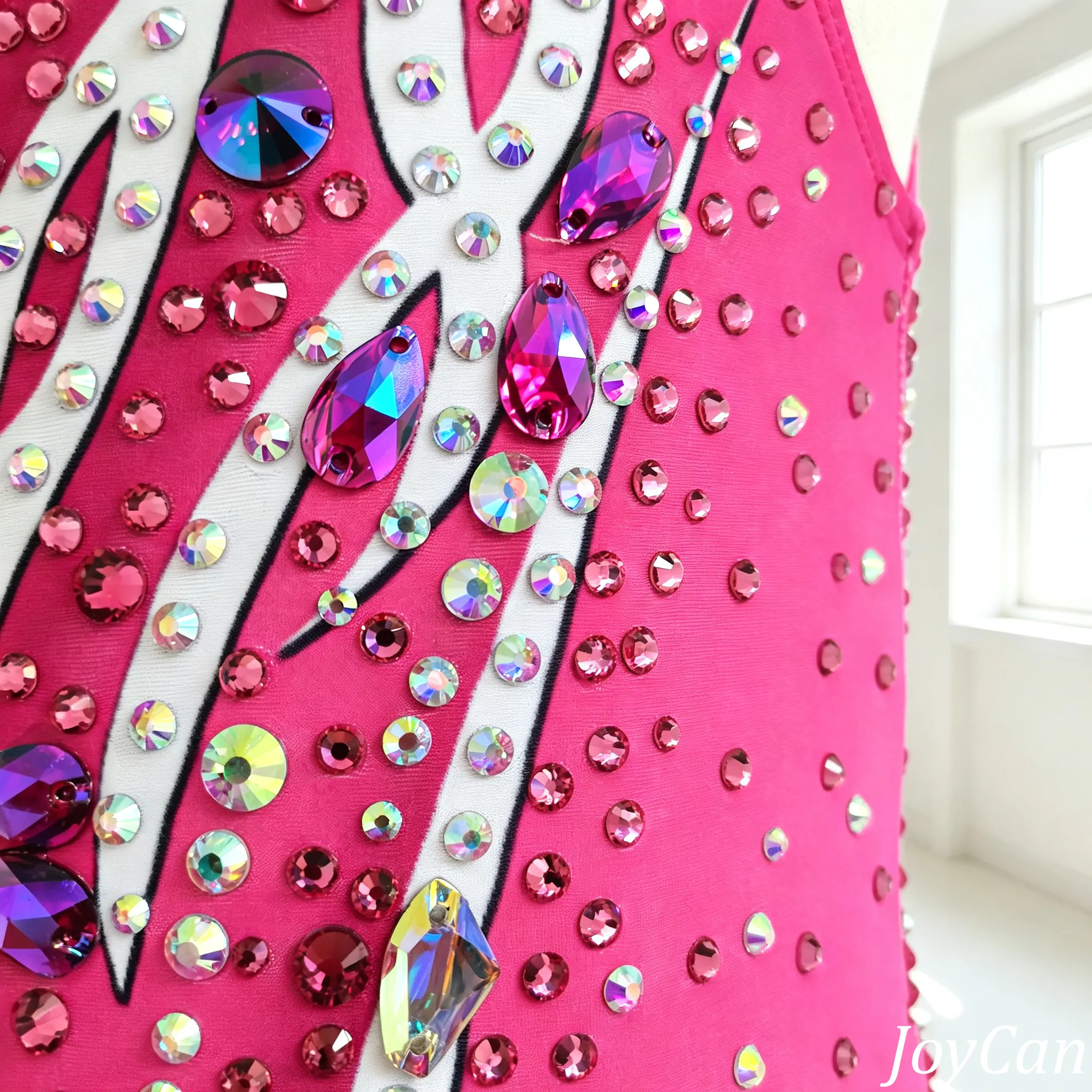 JoyCan Rhythmic Gymnastics Leotards BD8050 | Vibrant Hot Pink Crystal Competition Gymnastics Costume with Jewels for Girls