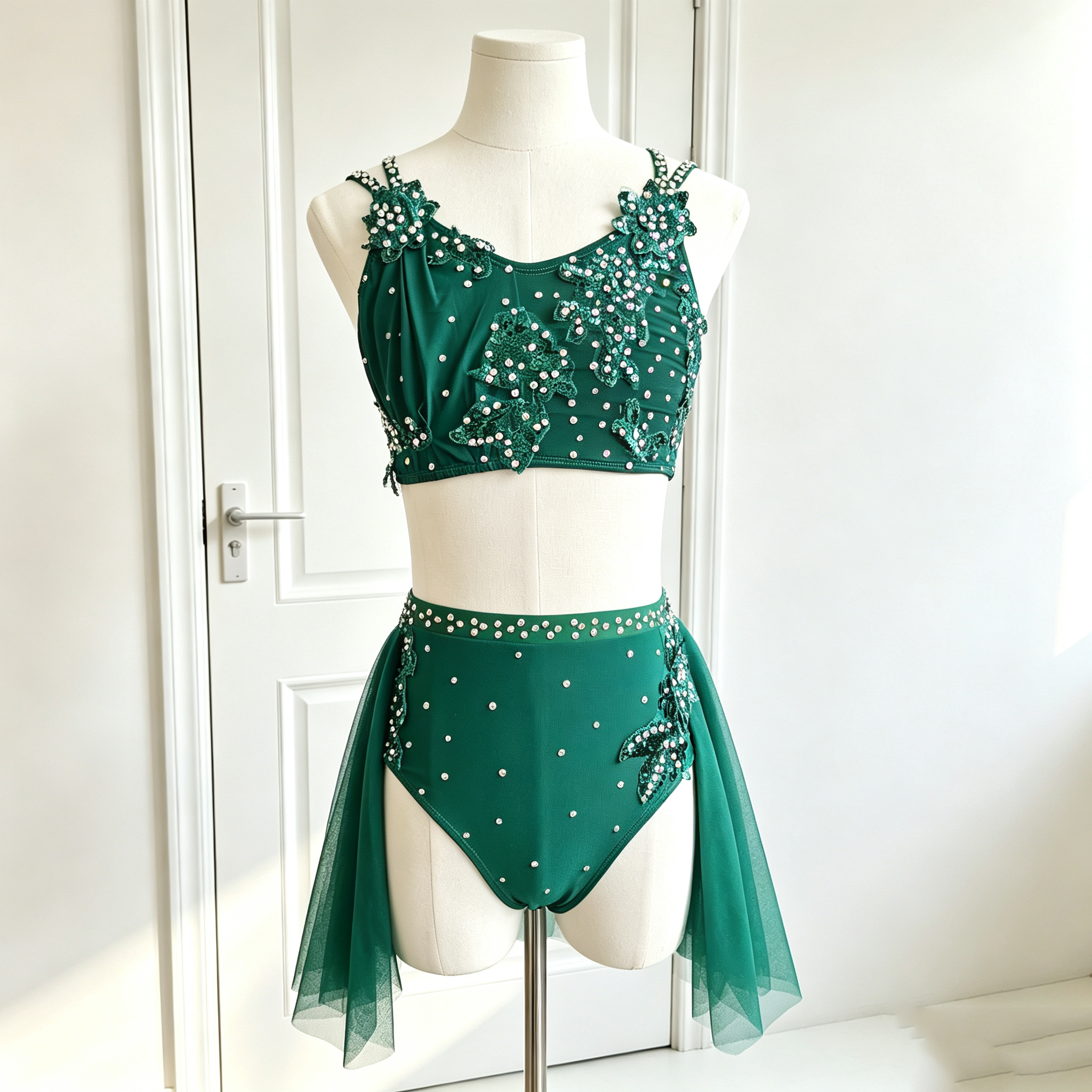JoyCan Lyrical Dance Dresses BD3417 | Emerald Green Two-Piece Floral Crystal  Dance Costume