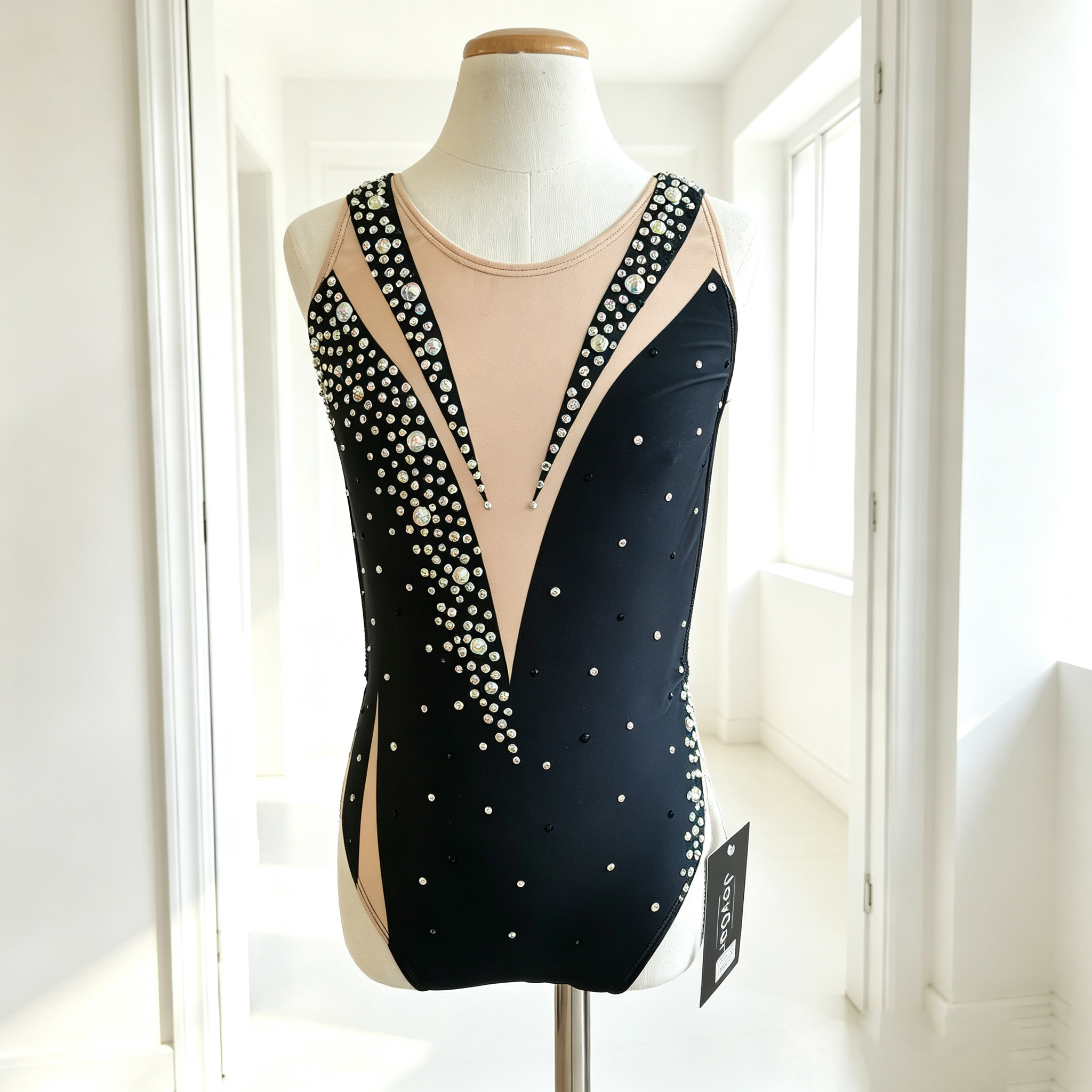 JoyCan Synchronized Swimming Swimsuits BD7027 | Sleek Black Nude Crystal Competition Artistic Swimming Costume for Girls and Women