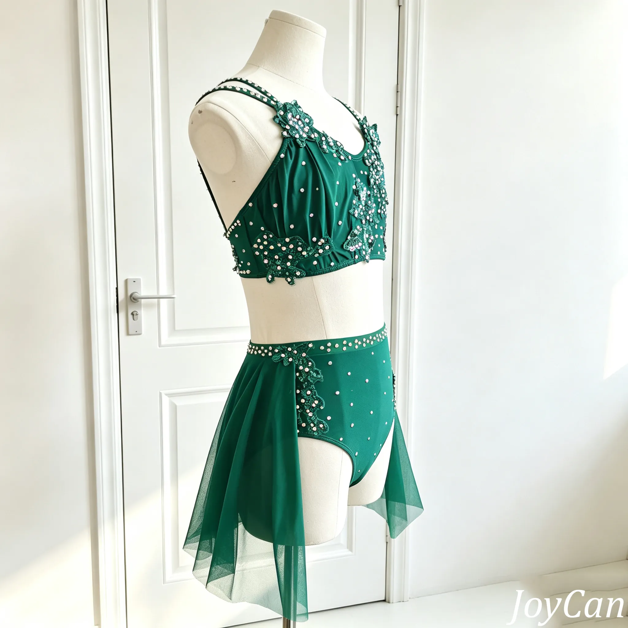 JoyCan Lyrical Dance Dresses BD3417 | Elegant Emerald Green Two-Piece Floral Crystal Contemporary Dance Costume for Girls and Women