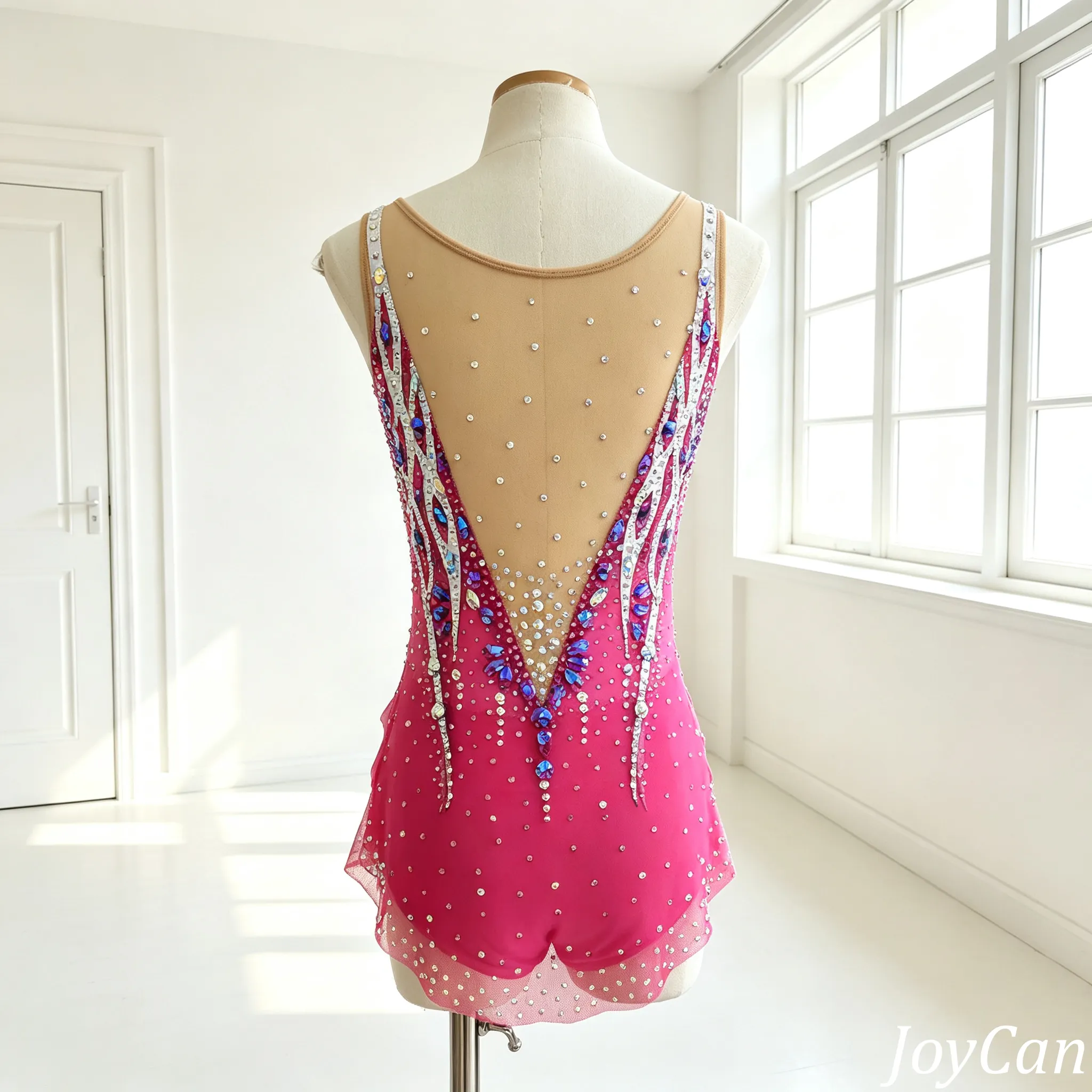 JoyCan Rhythmic Gymnastics Leotards BD8050 | Vibrant Hot Pink Crystal Competition Gymnastics Costume with Jewels for Girls