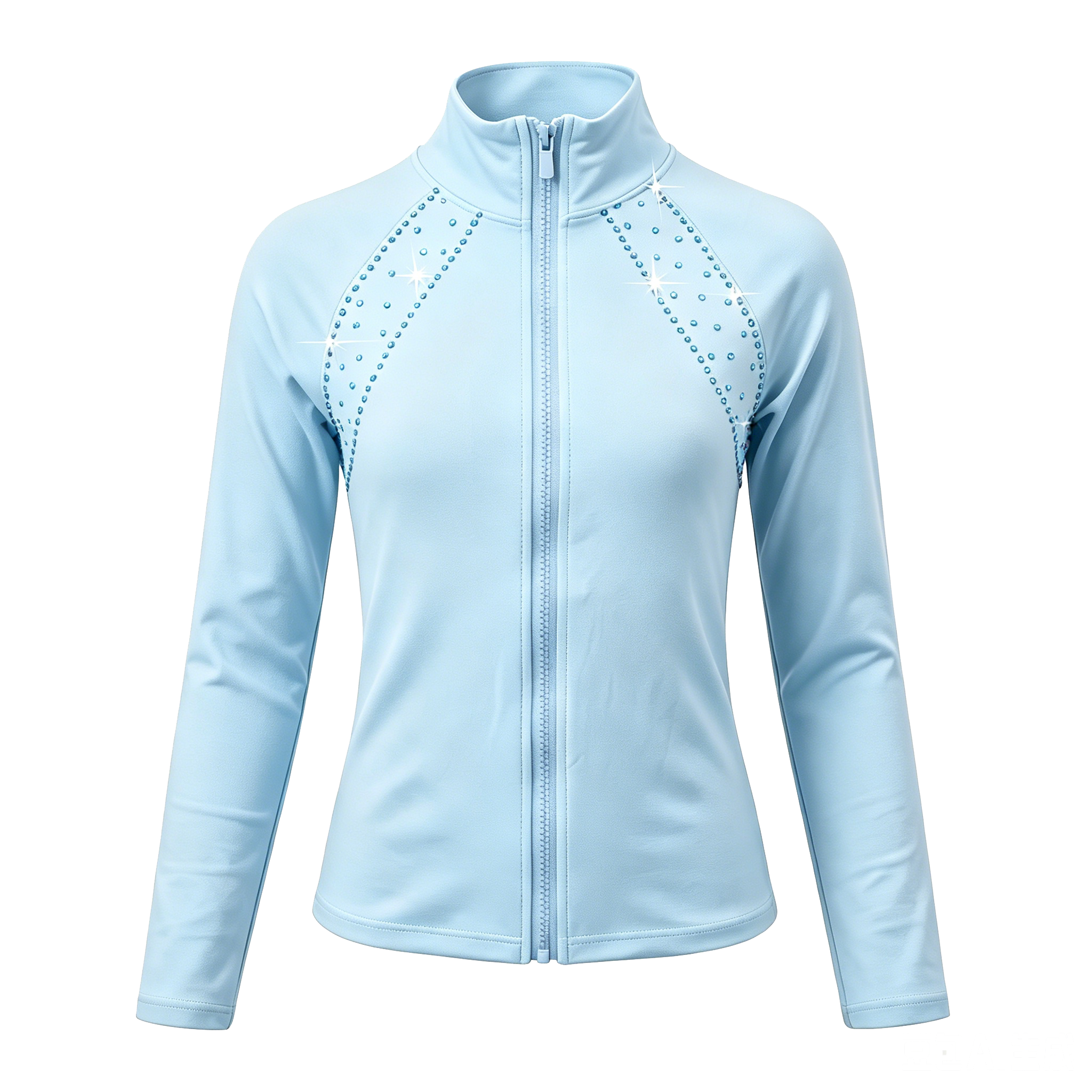 JoyCan Figure Skating Warm‑Up Jacket JB238 | Light Blue Full‑Zip Stand‑Collar Diamond‑Shaped Rhinestone Ice Skate Training Jacket for Girls and Women