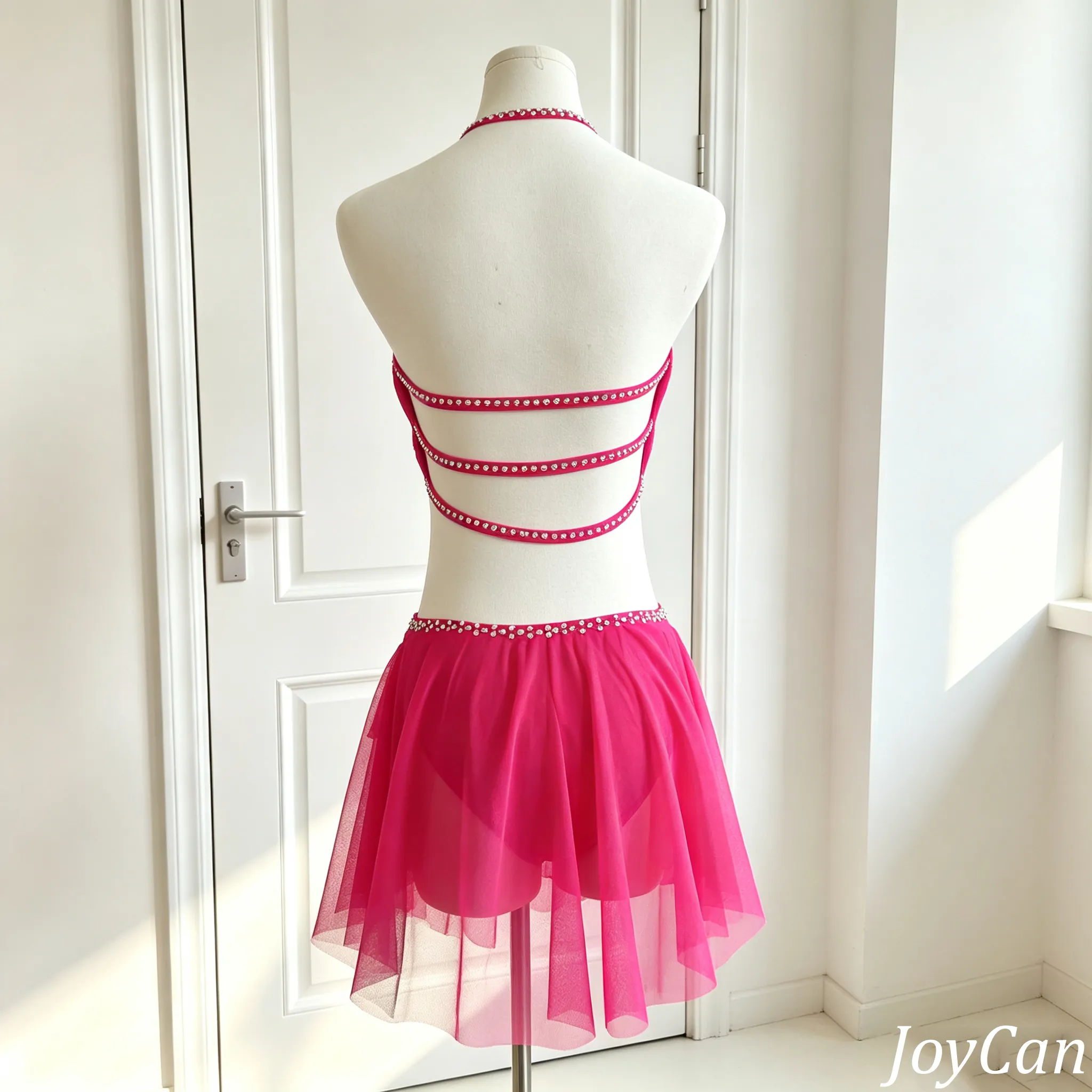 JoyCan Lyrical Dance Dresses BD3421 | Vibrant Hot Pink Crystal Competition Contemporary Dance Costume for Girls and Women