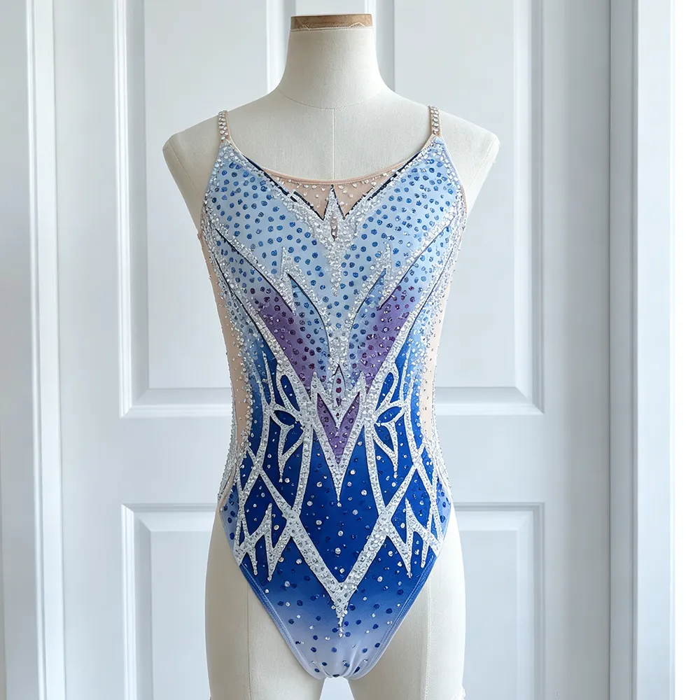 JoyCan Synchronized Swimming Suit BD7065 | Cool Blue‑Purple Gradient Crystal Spaghetti‑Strap Competition Synchro Swim Costume for Girls and Women