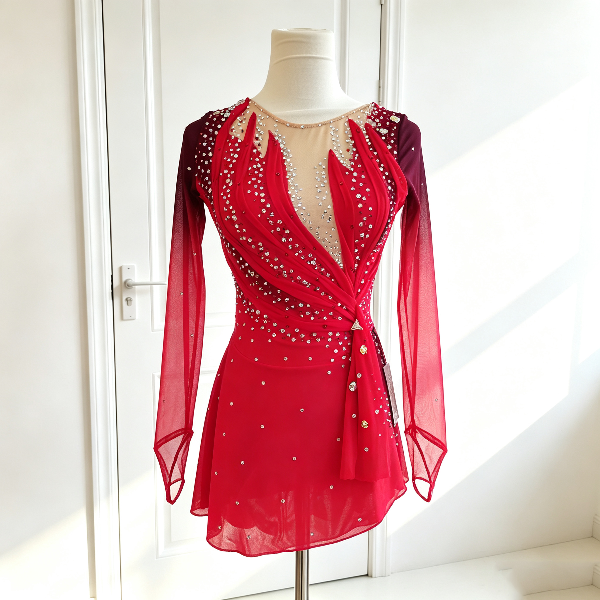 JoyCan Figure Skating Dresses BD3133 | Elegant Red Gradient Crystal Ice Skating Performance Costume for Girls and Women