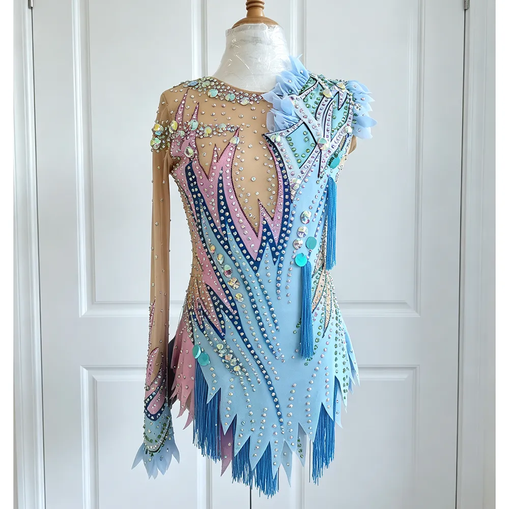 JoyCan Artistic Gymnastics Leotard BD7042 | Vibrant Multi‑Color Tassel Fringe Asymmetric Competition Rhythmic Gymnastics Costume for Girls and Women