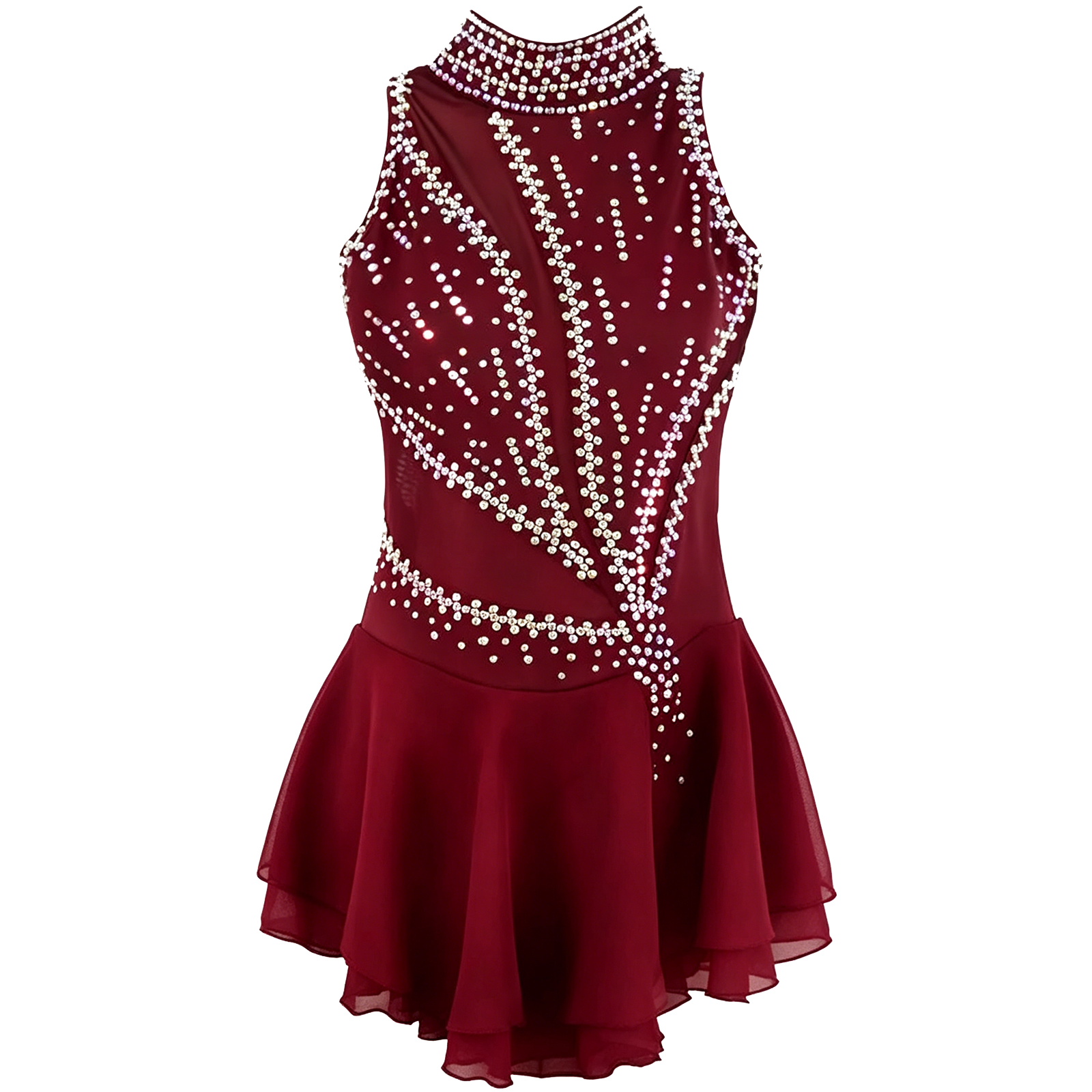 JoyCan Figure Skating Dress JSK132 | Navy High‑Neck Sleeveless Geometric Rhinestone Competition Ice Skating Costume for Girls and Women