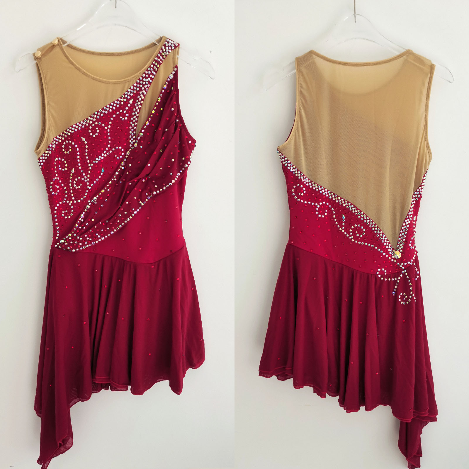 JoyCan Figure Skating Dress JC747 | Burgundy Asymmetrical Draped Sleeveless Scroll‑Rhinestone Competition Ice Skating Costume for Girls and Women