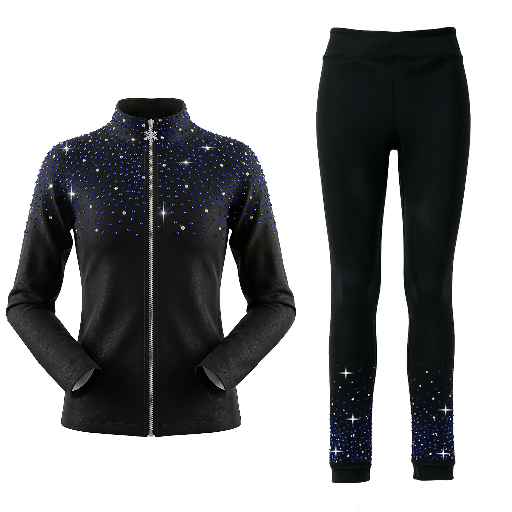 JoyCan Figure Skating Warm‑Up Set JB239 | Black Full‑Zip Stand‑Collar Blue‑Silver Gradient Rhinestone Jacket & Leggings Training Outfit for Girls and Women