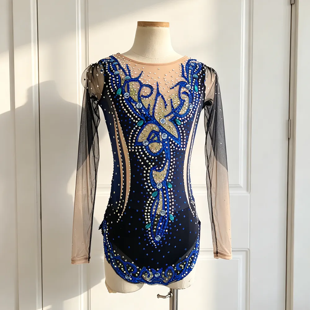 JoyCan Rhythmic Gymnastics Leotard BD635 | Luxurious Royal Blue Crystal Mesh Competition Gymnastics Costume for Girls and Women