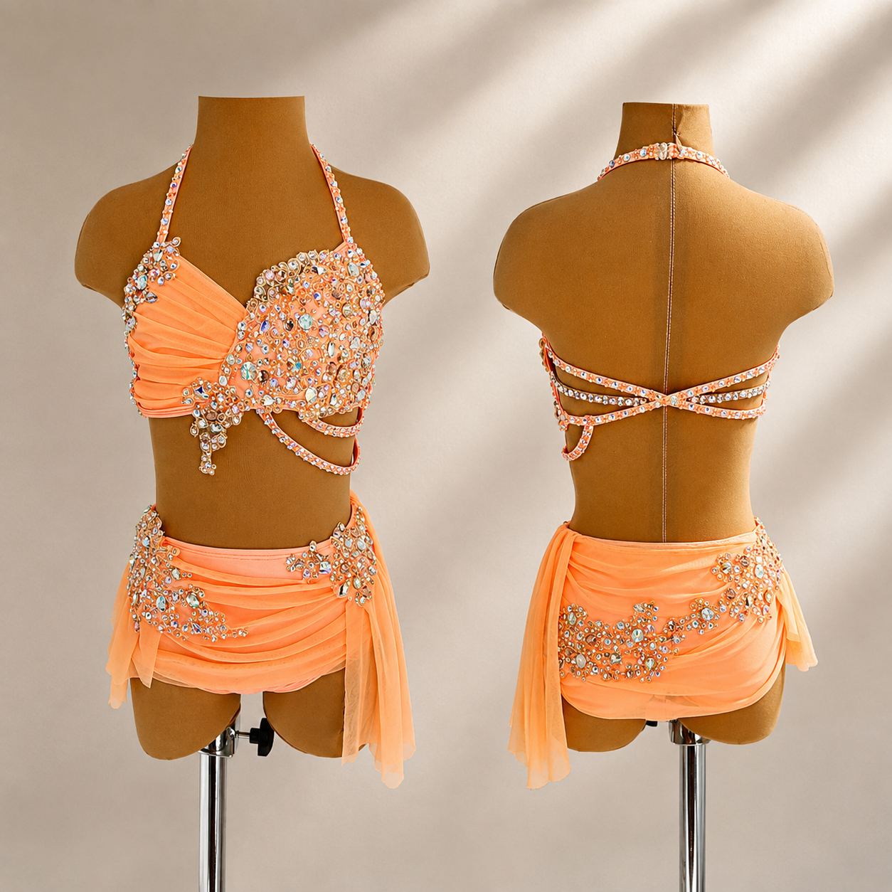 JoyCan Lyrical Dress JC1702 | Orange‑Cross Straps Lace Applique Rhinestone Mesh Back Competition Ice Skating Costume for Girls and Women