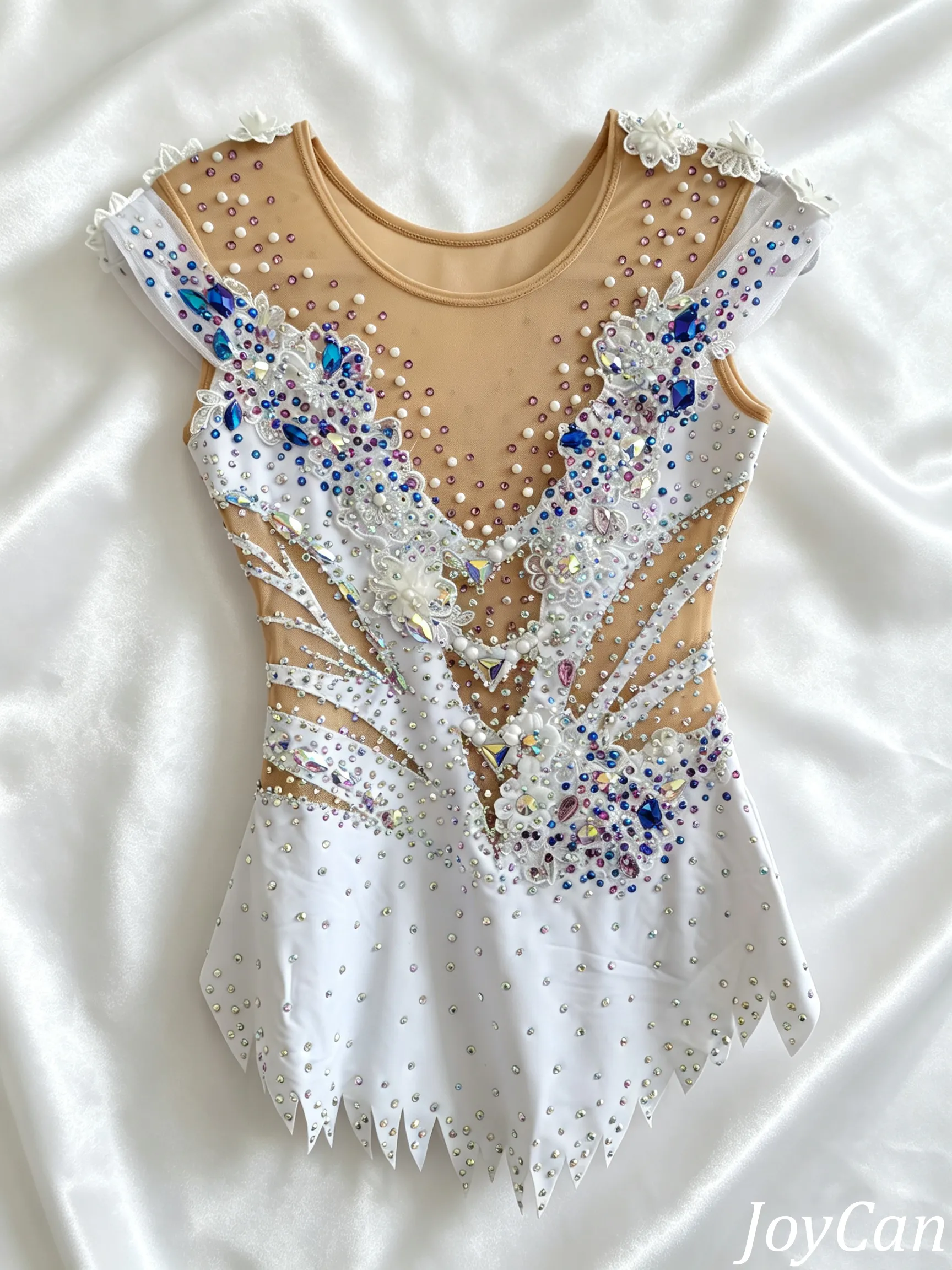 JoyCan Rhythmic Gymnastics Leotards BD1977 | Elegant White Floral Crystal Competition Gymnastics Costume with Pearls for Girls and Women
