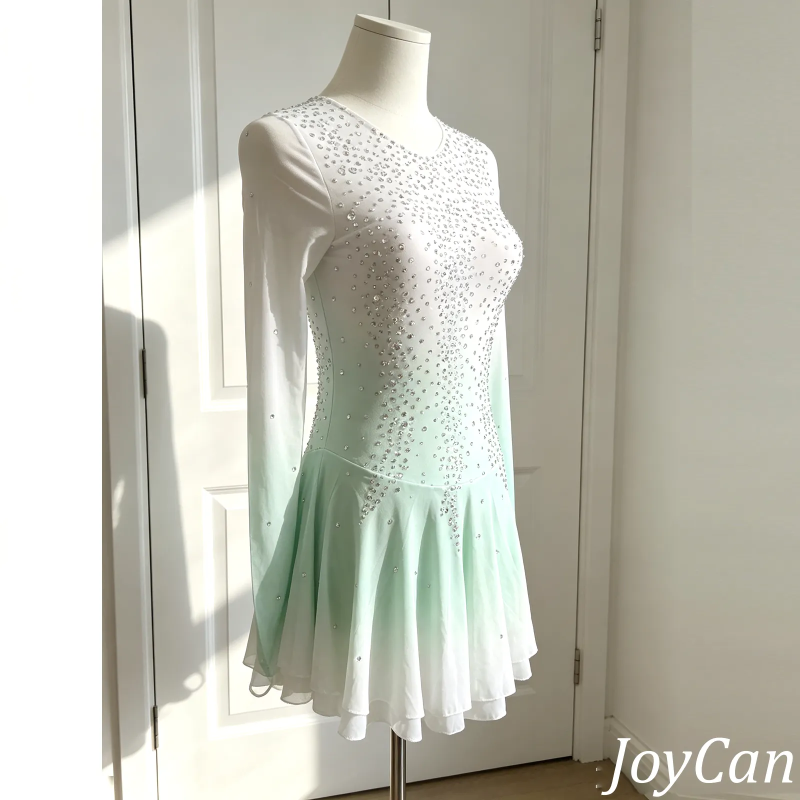 LIUHUO Figure Skating Dresses BD1634 | Elegant Mint Green Gradient Crystal Ice Skating Performance Costume for Girls and Women