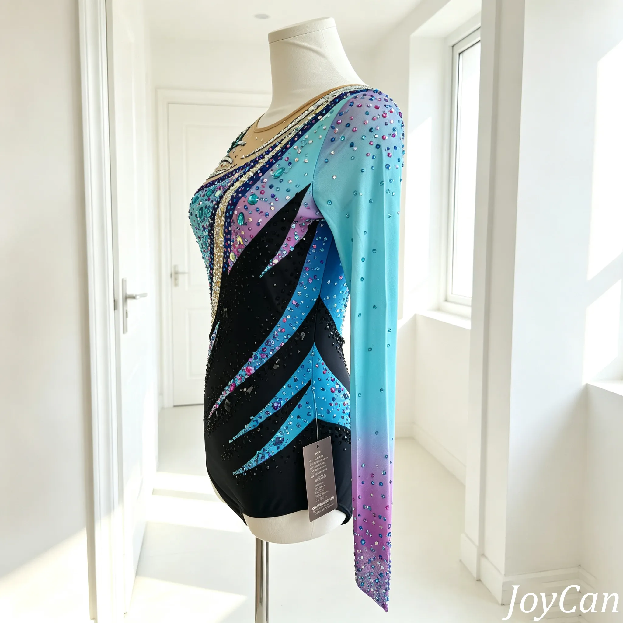 JoyCan Rhythmic Gymnastics Leotards BD7224 | Vibrant Asymmetric Multicolor Crystal Competition Gymnastics Costume for Girls