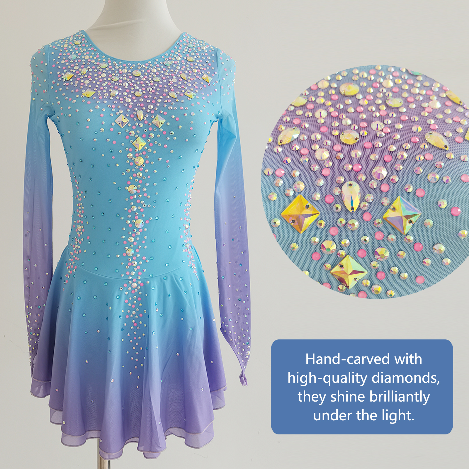 JoyCan Figure Skating Dresses BD1887 | Vibrant Sky Blue Gradient Crystal Competition Ice Skating Costume for Girls and Women