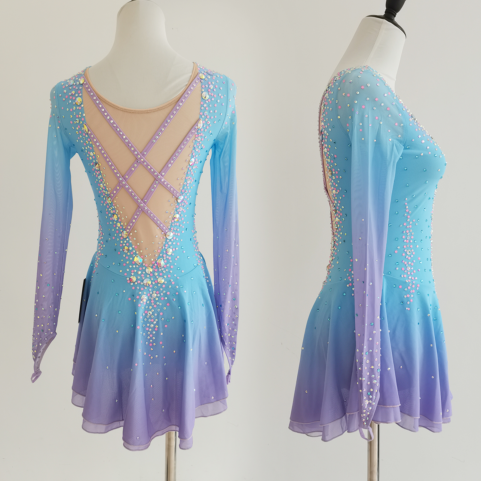 JoyCan Figure Skating Dresses BD1887 | Vibrant Sky Blue Gradient Crystal Competition Ice Skating Costume for Girls and Women