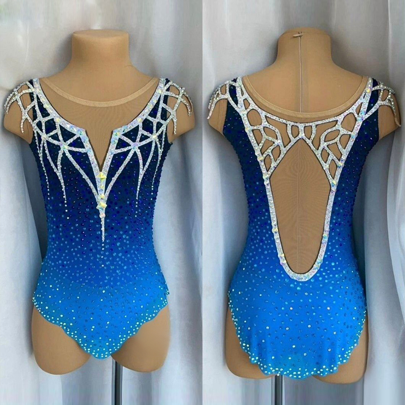  JoyCan Rhythmic Gymnastics Leotard JC1489 | Navy‑to‑Sky‑Blue Gradient Rhinestone Competition Leotard for Girls & Women