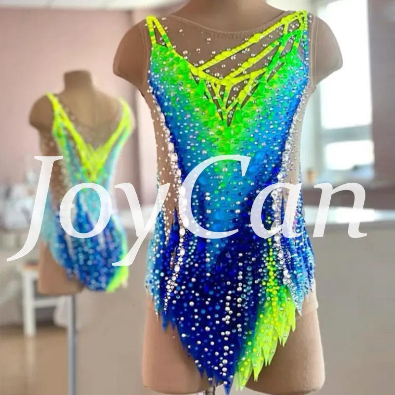  JoyCan Rhythmic Gymnastics Leotard JC1491 | Neon‑Green‑to‑Blue Gradient Rhinestone Competition Leotard for Girls & Women