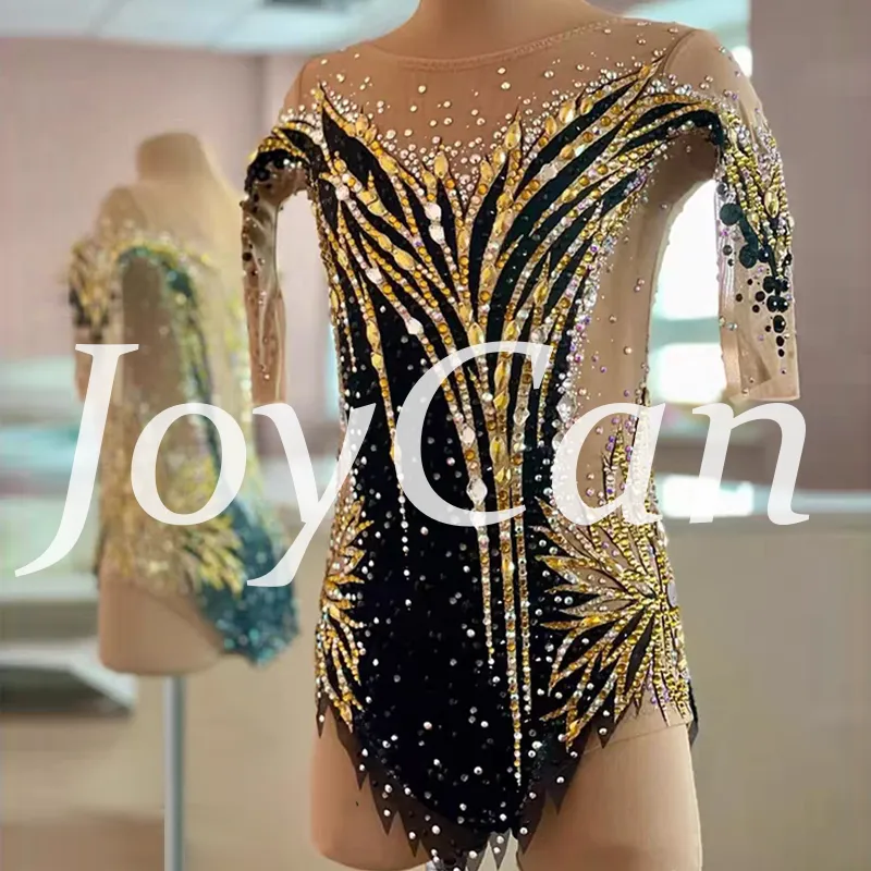 JoyCan Rhythmic Gymnastics Leotard BD9050 | Black‑Gold Sun‑Motif Asymmetrical 3/4‑Sleeve Rhinestone Competition Leotard for Girls & Women