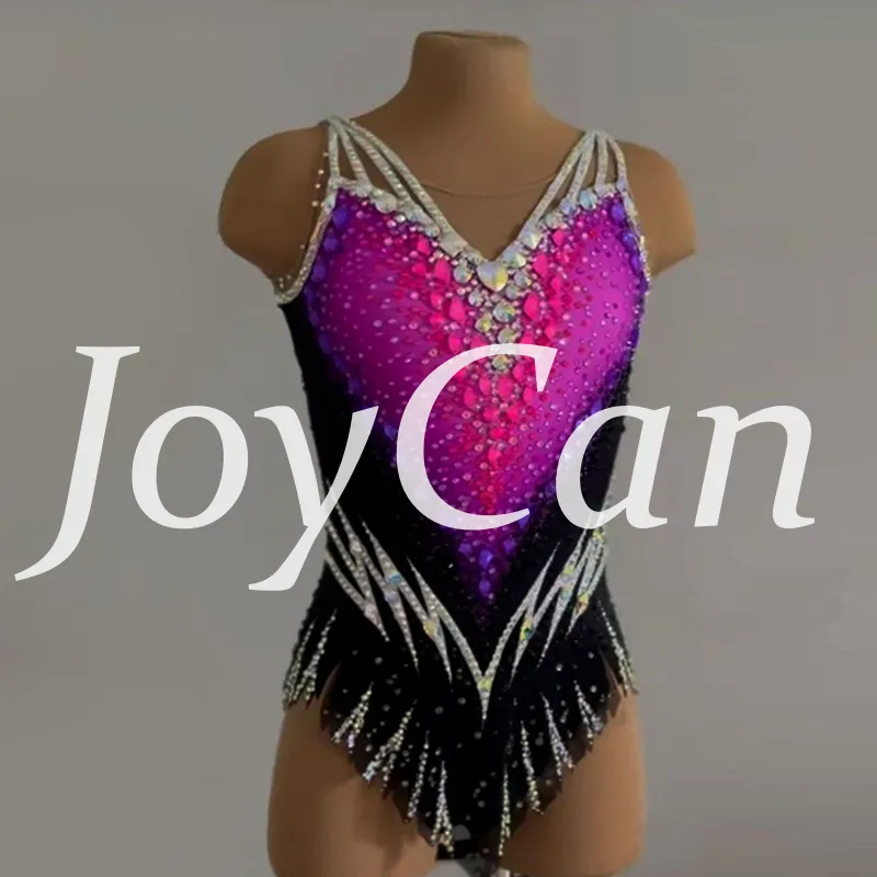 JoyCan Rhythmic Gymnastics Leotard JC1493 | Magenta‑Purple Gradient Multi‑Strap Rhinestone Competition Leotard for Girls & Women
