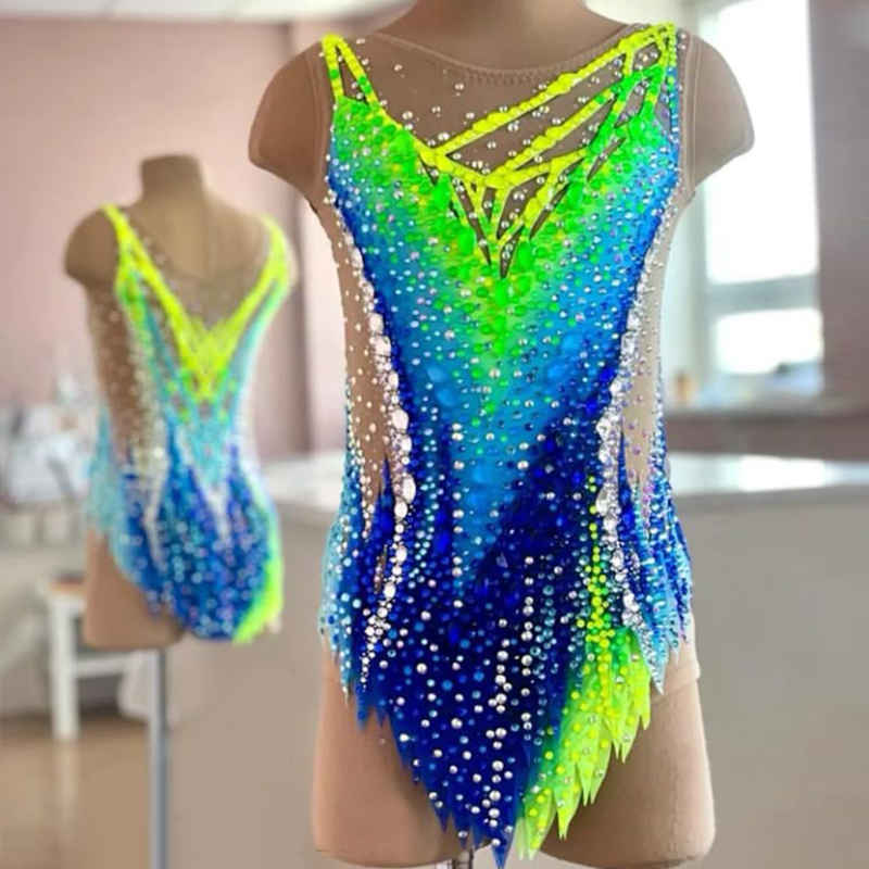  JoyCan Rhythmic Gymnastics Leotard JC1491 | Neon‑Green‑to‑Blue Gradient Rhinestone Competition Leotard for Girls & Women