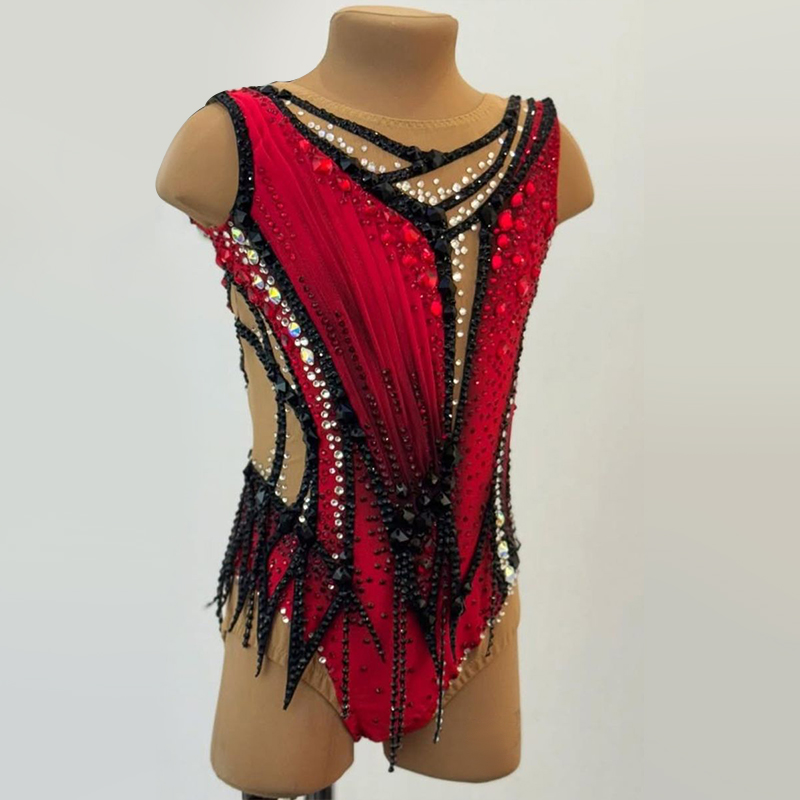 JoyCan Rhythmic Gymnastics Leotard JC1490 | Red‑Black Pleated Rhinestone Competition Leotard for Girls & Women