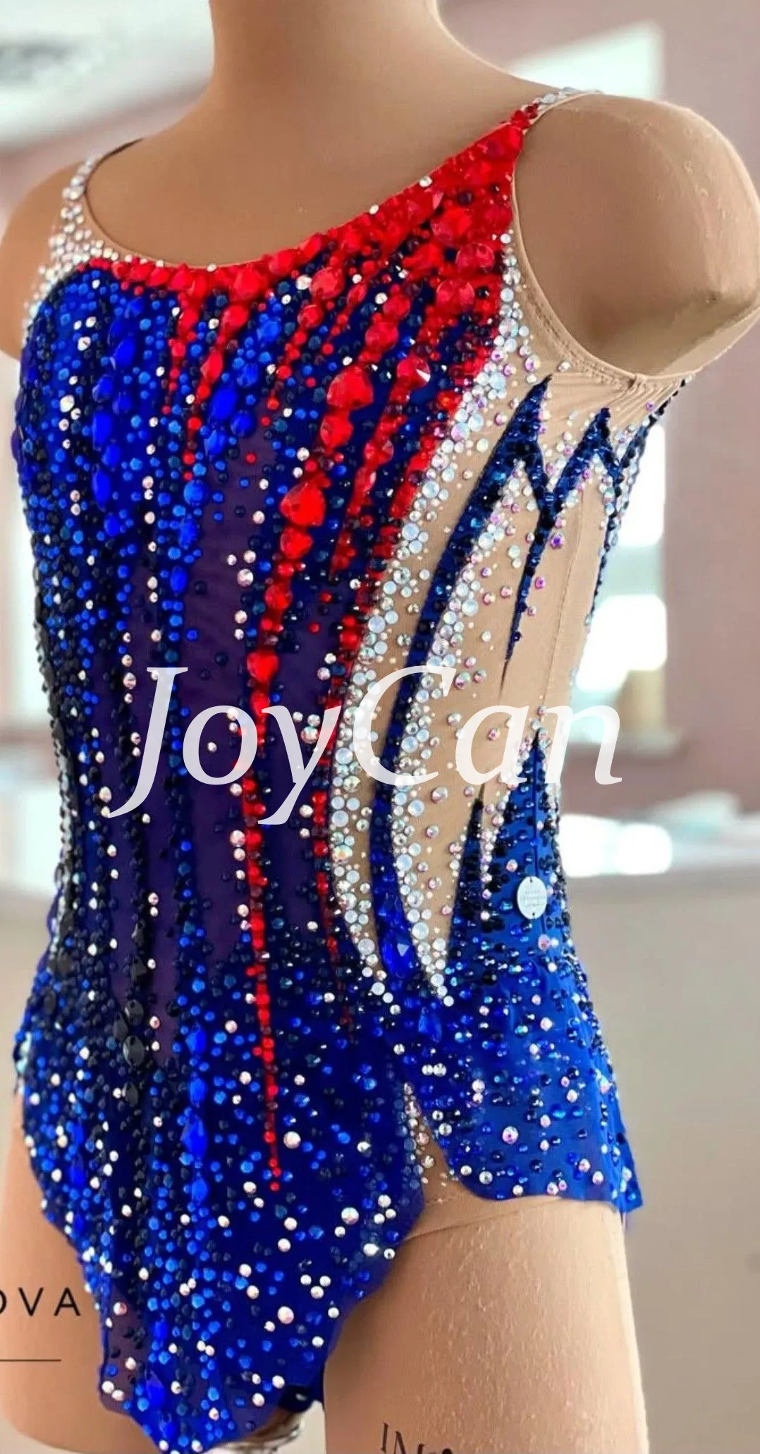 JoyCan Rhythmic Gymnastics Leotard JC1495 | Red‑Blue Streaked Rhinestone Competition Leotard for Girls & Women