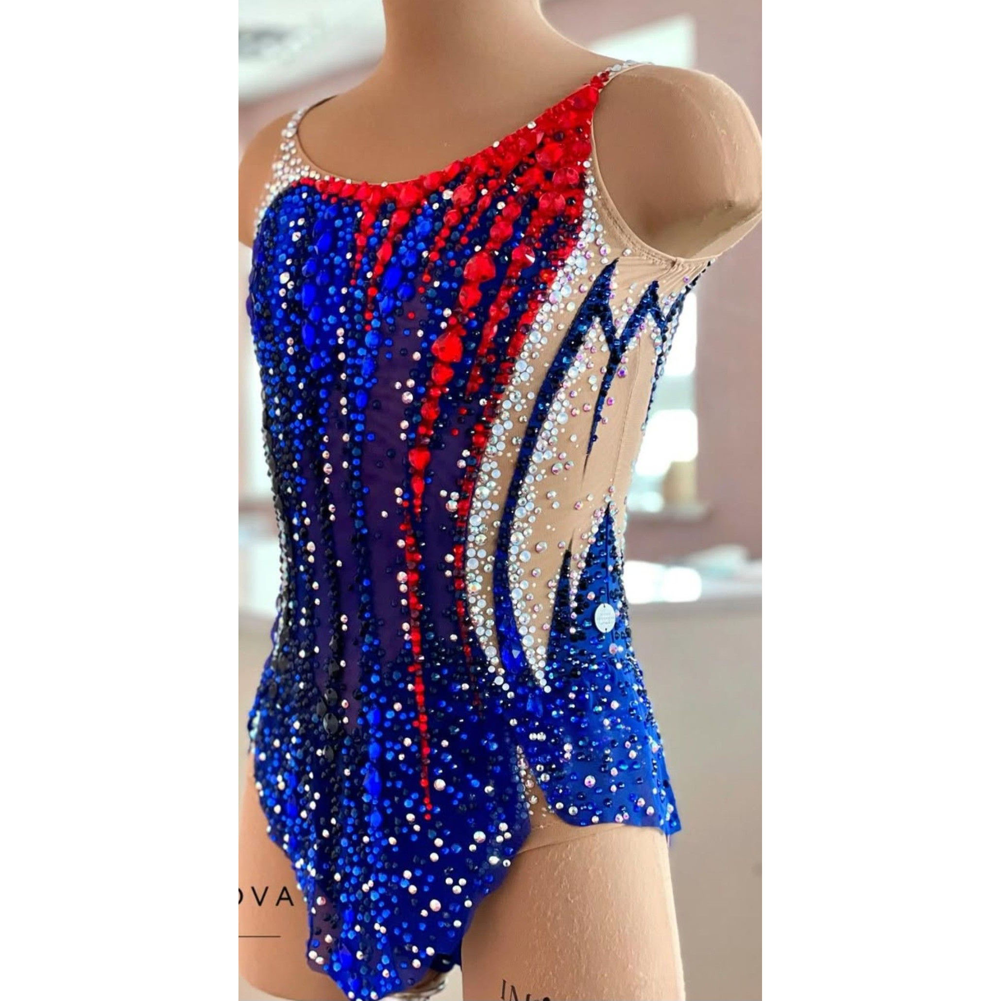 JoyCan Rhythmic Gymnastics Leotard JC1495 | Red‑Blue Streaked Rhinestone Competition Leotard for Girls & Women