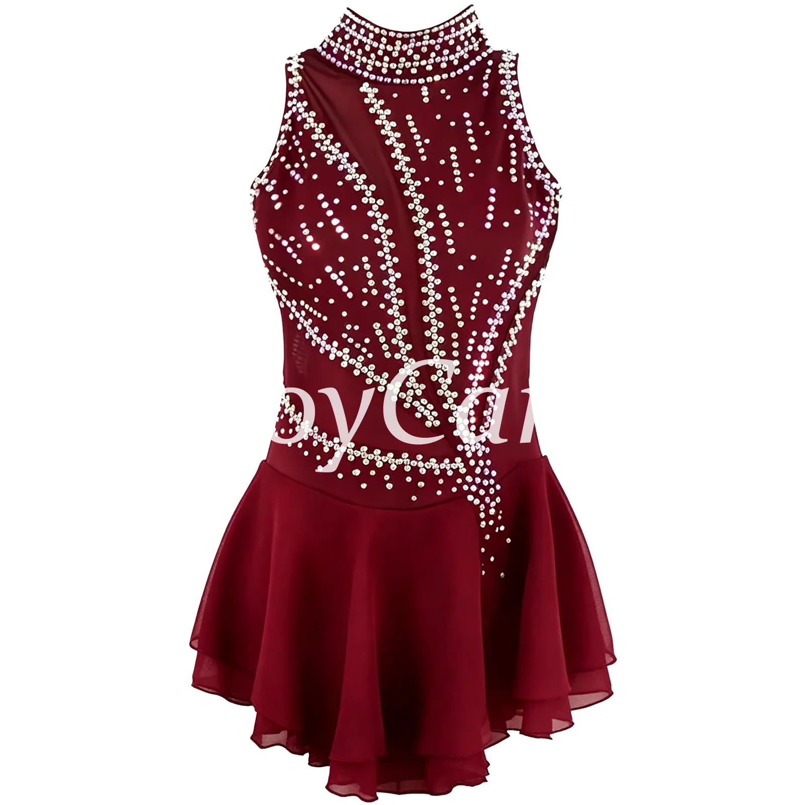 JoyCan Figure Skating Dress JSK132 | Navy High‑Neck Sleeveless Geometric Rhinestone Competition Ice Skating Costume for Girls and Women