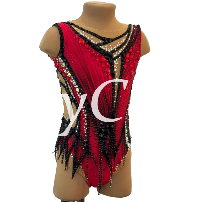 JoyCan Rhythmic Gymnastics Leotard JC1490 | Red‑Black Pleated Rhinestone Competition Leotard for Girls & Women